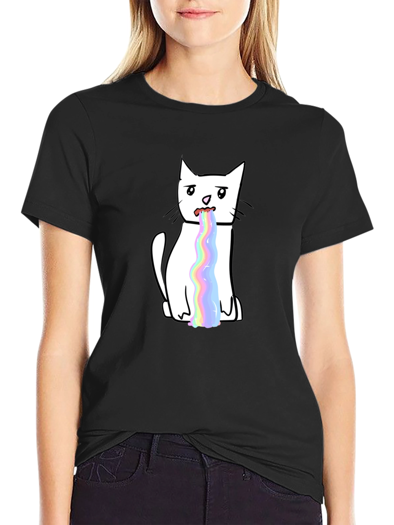 Funny Rainbow Puke Cat Graphic T-Shirt