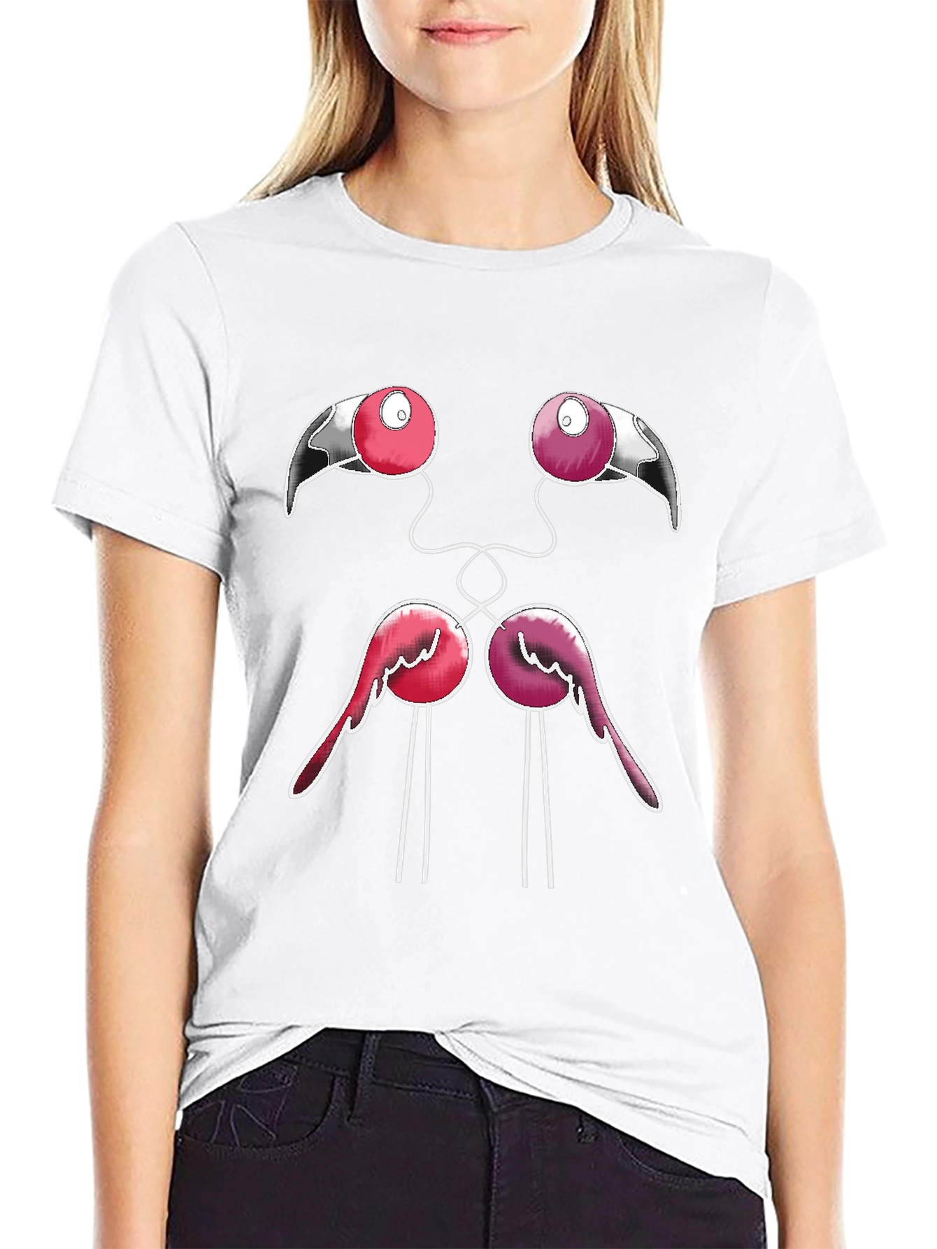Funny Flamingo Face Graphic Black T-Shirt