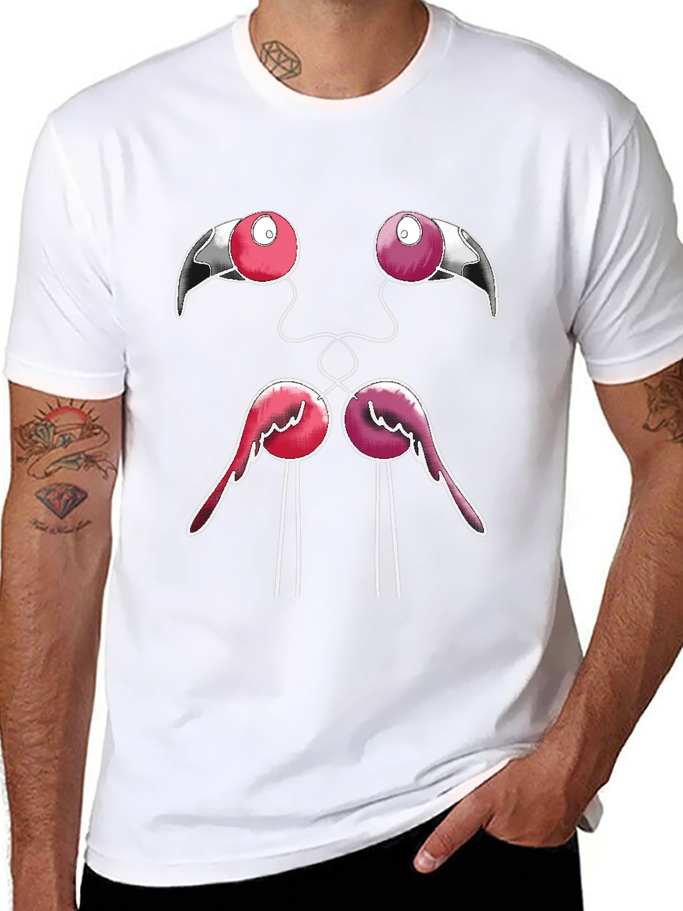 Funny Flamingo Face Graphic Black T-Shirt