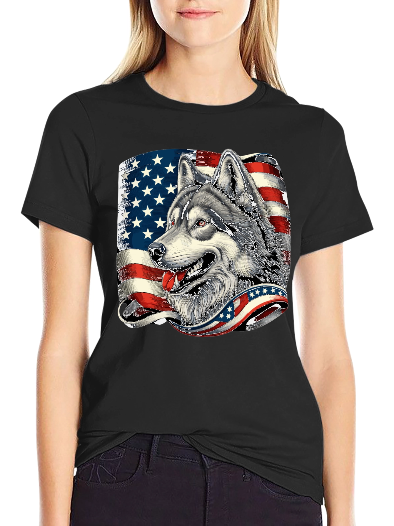 Patriotic Wolf Graphic Tee - American Flag Design