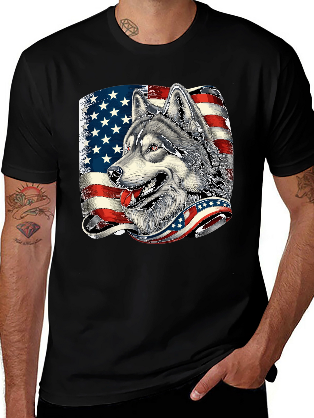 Patriotic Wolf Graphic Tee - American Flag Design