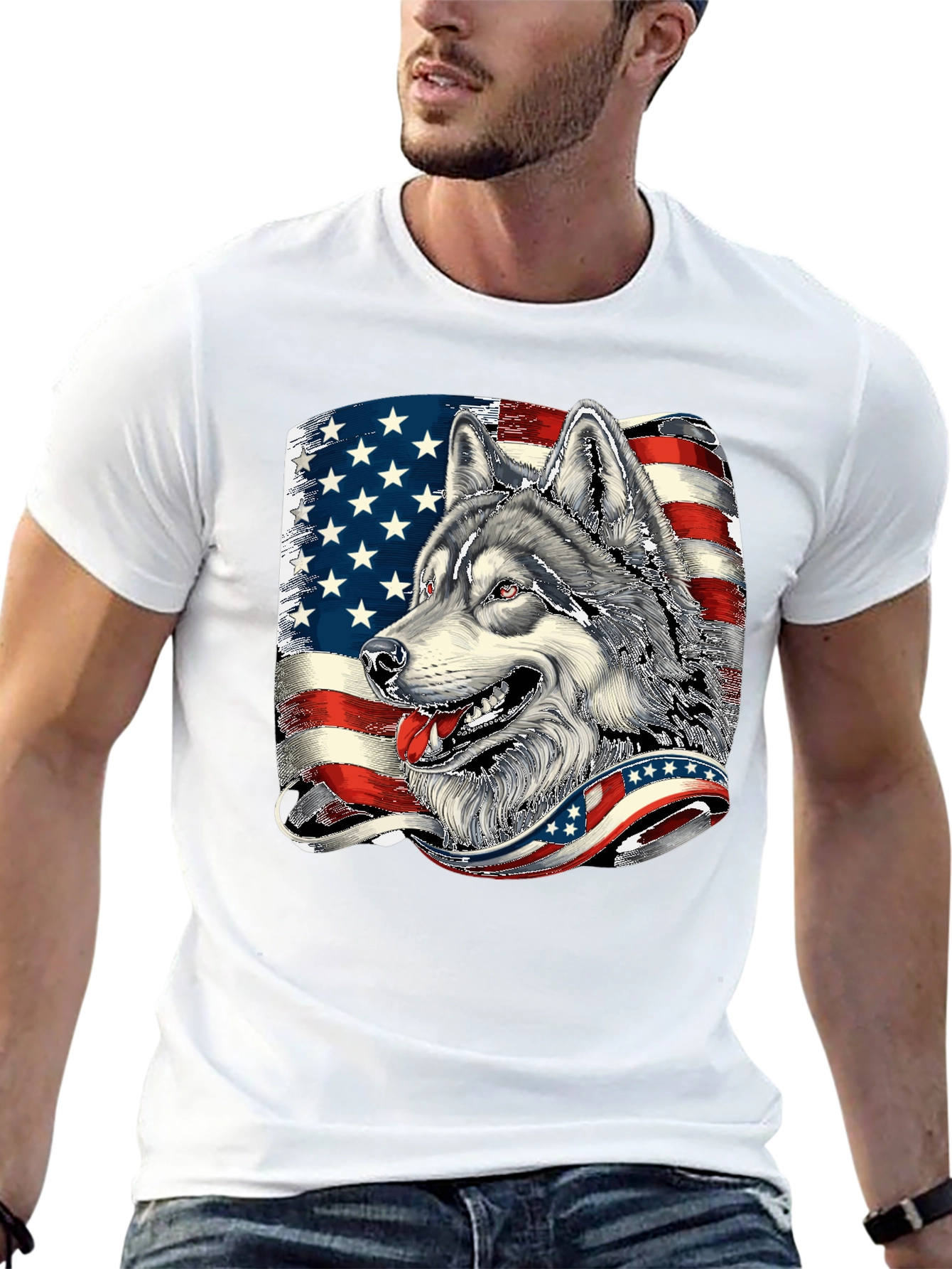 Patriotic Wolf Graphic Tee - American Flag Design