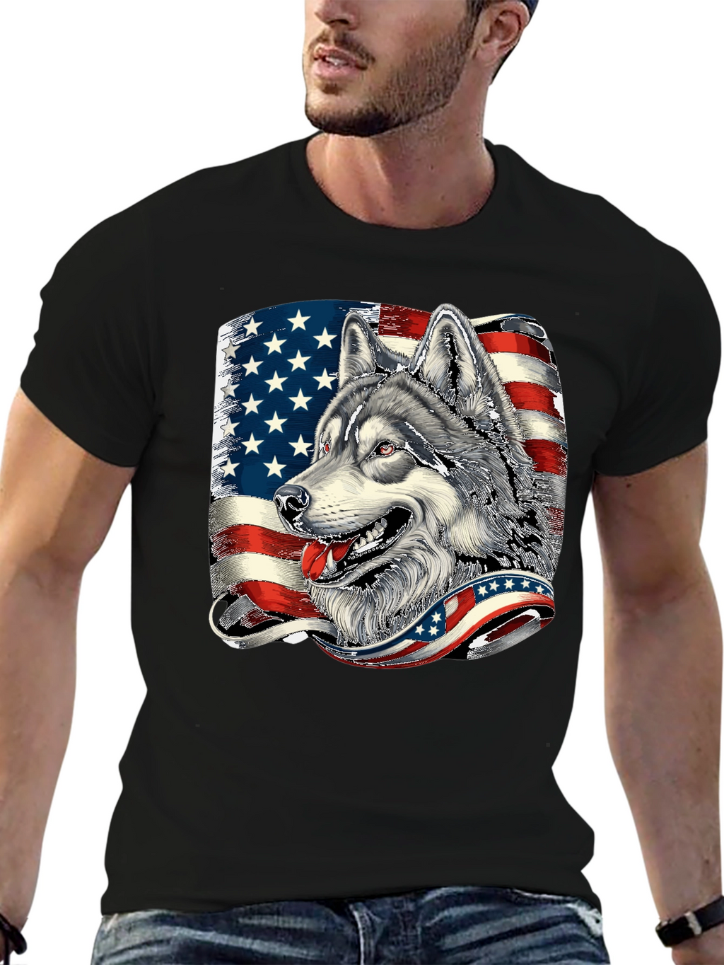 Patriotic Wolf Graphic Tee - American Flag Design
