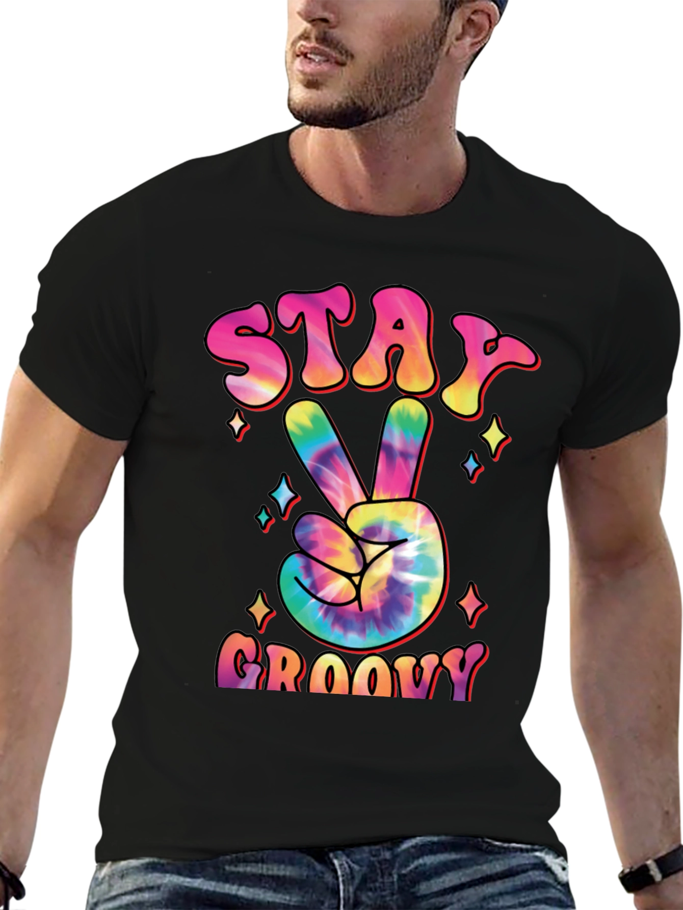 Stay Groovy Tie Dye Peace Sign Graphic T-Shirt