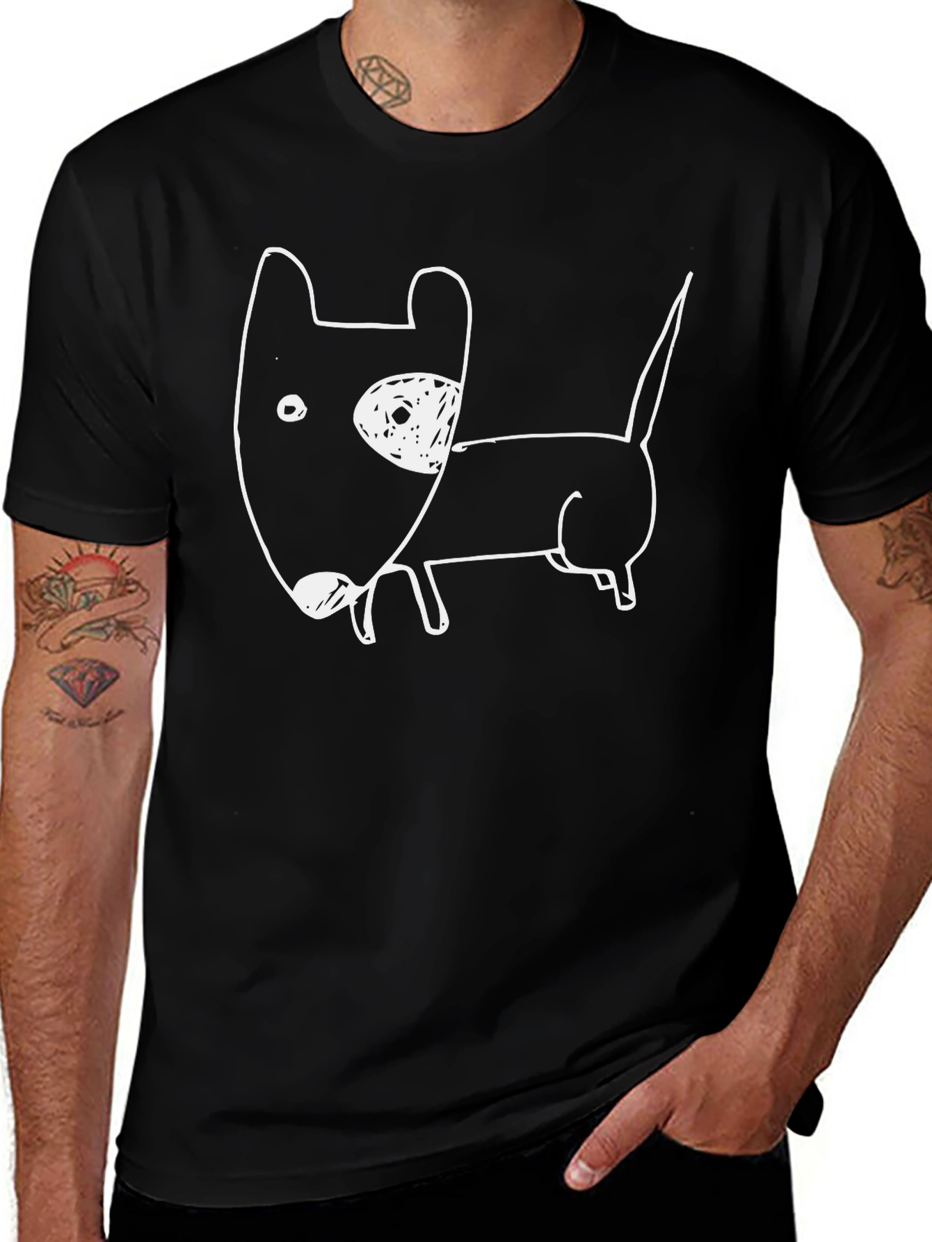 Mens Black Graphic Tee - Cartoon Dog Design