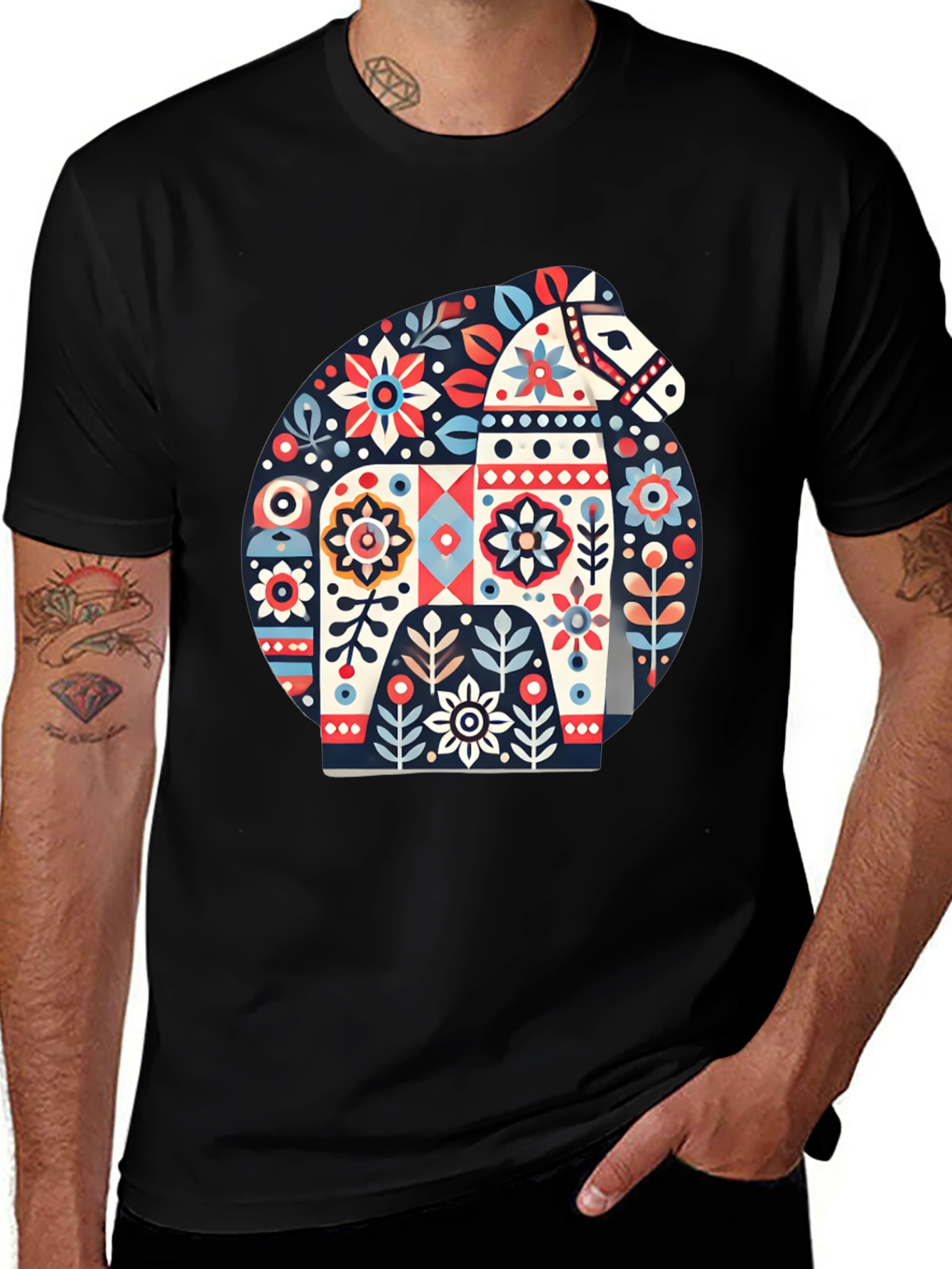 Decorative Horse Graphic T-Shirt - Folk Art Style