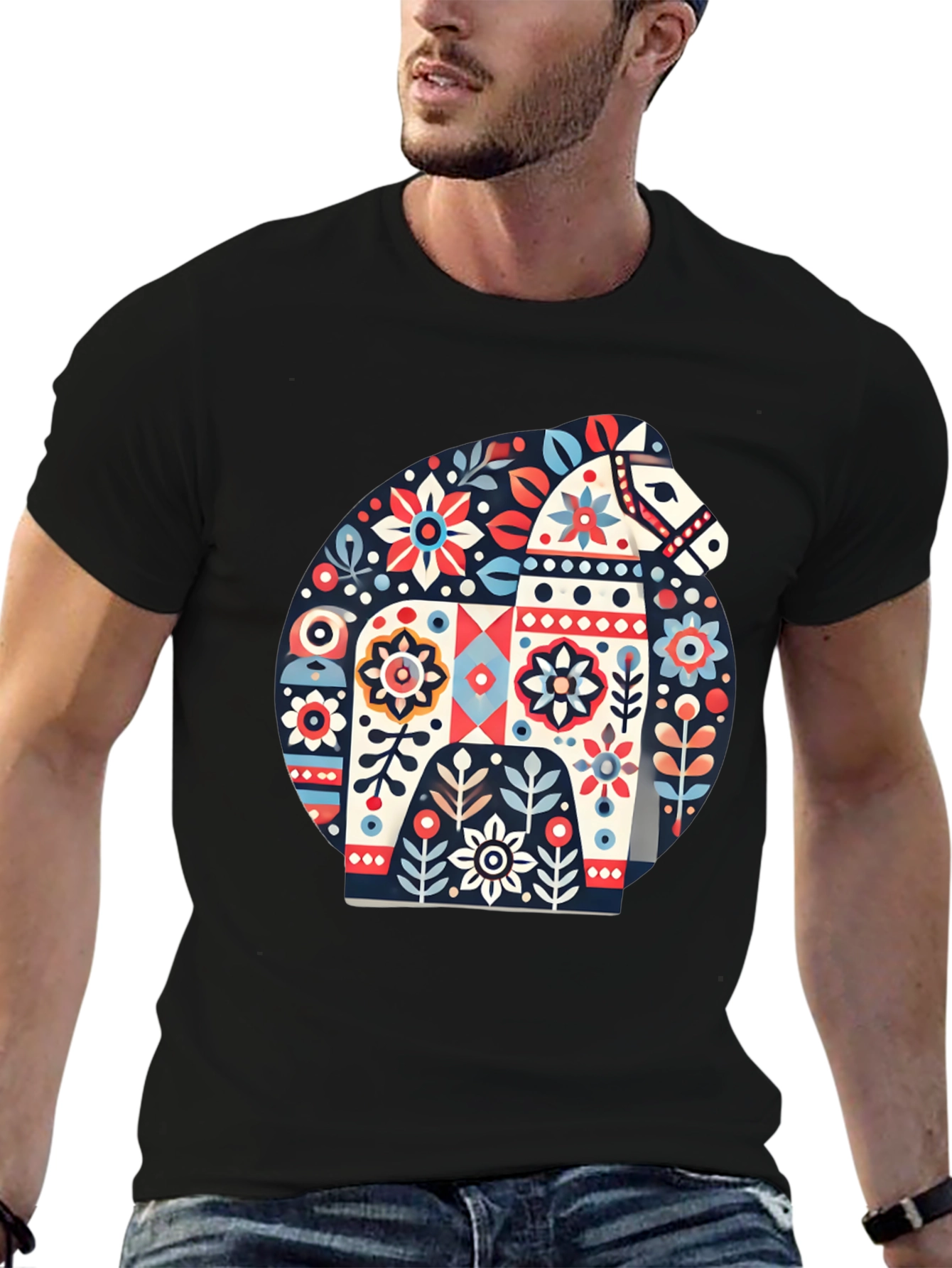 Decorative Horse Graphic T-Shirt - Folk Art Style