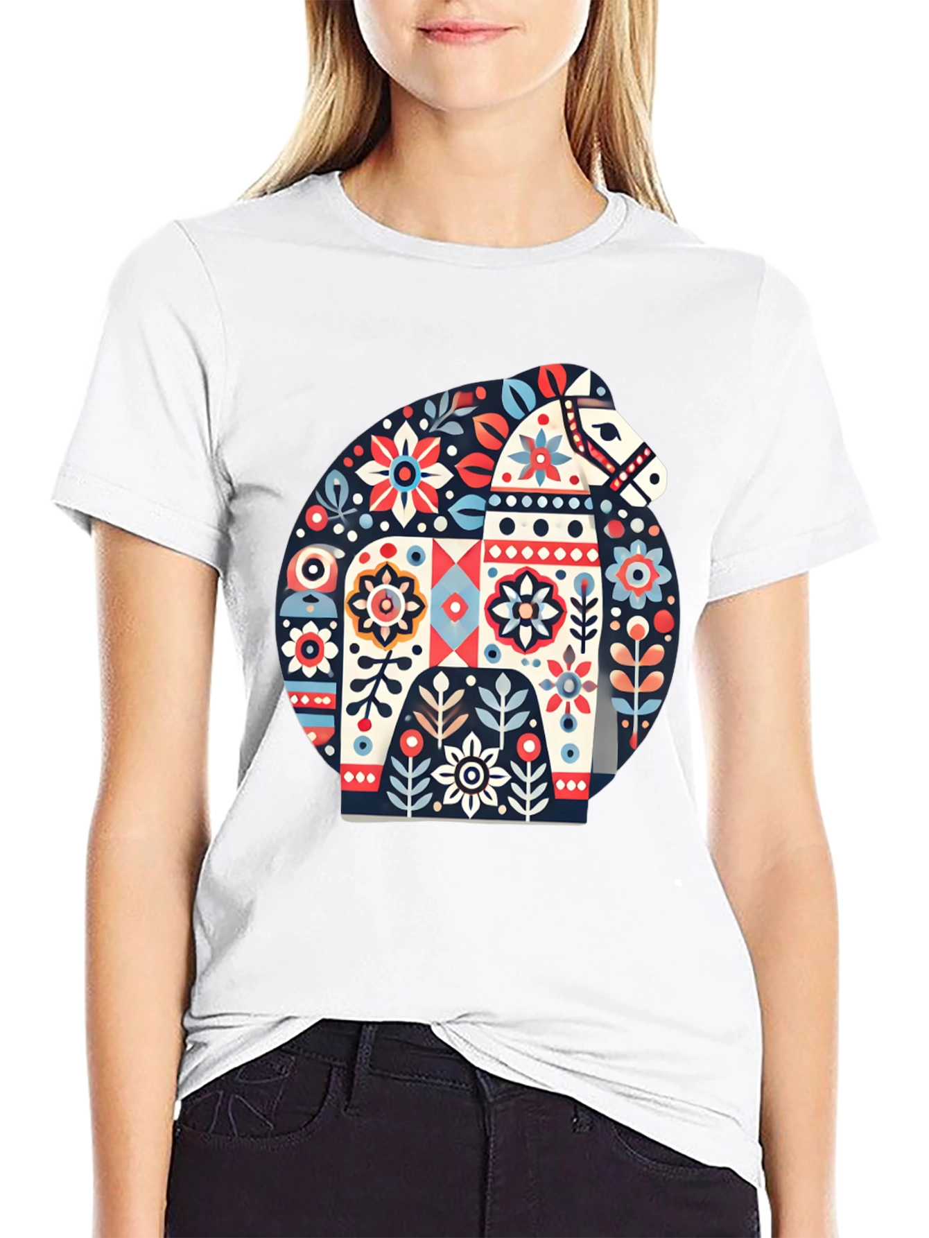 Decorative Horse Graphic T-Shirt - Folk Art Style