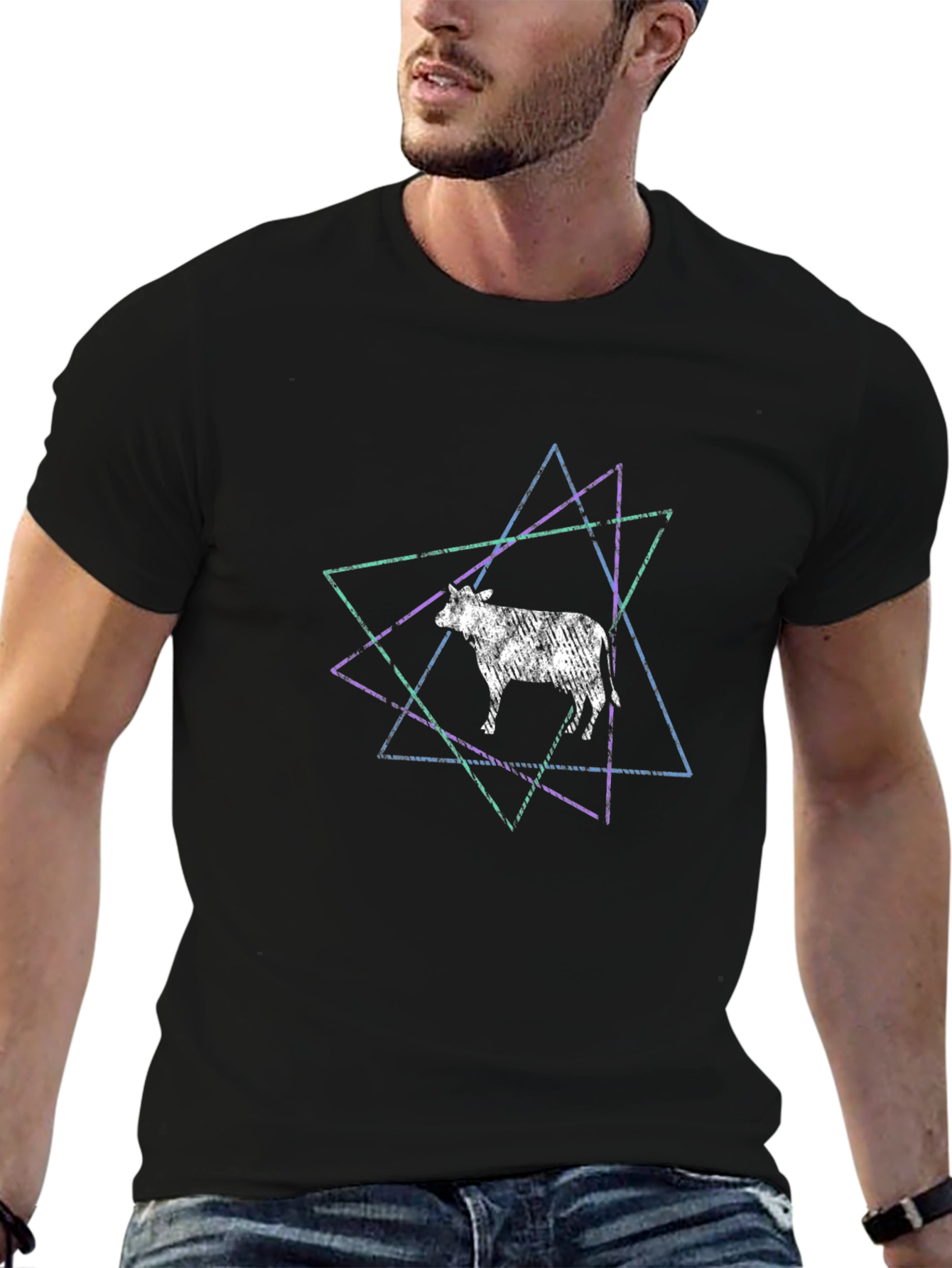 Cow Geometric Graphic Print Black T-Shirt