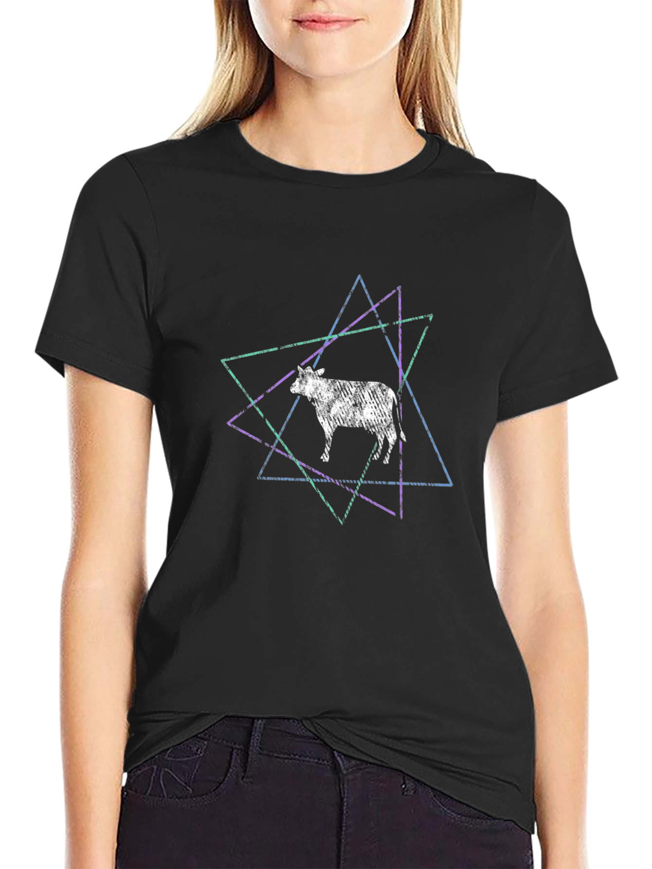 Cow Geometric Graphic Print Black T-Shirt