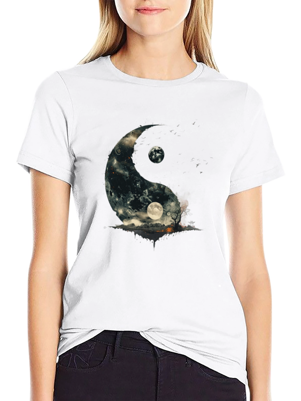 Yin Yang Moon Graphic T-Shirt - Black