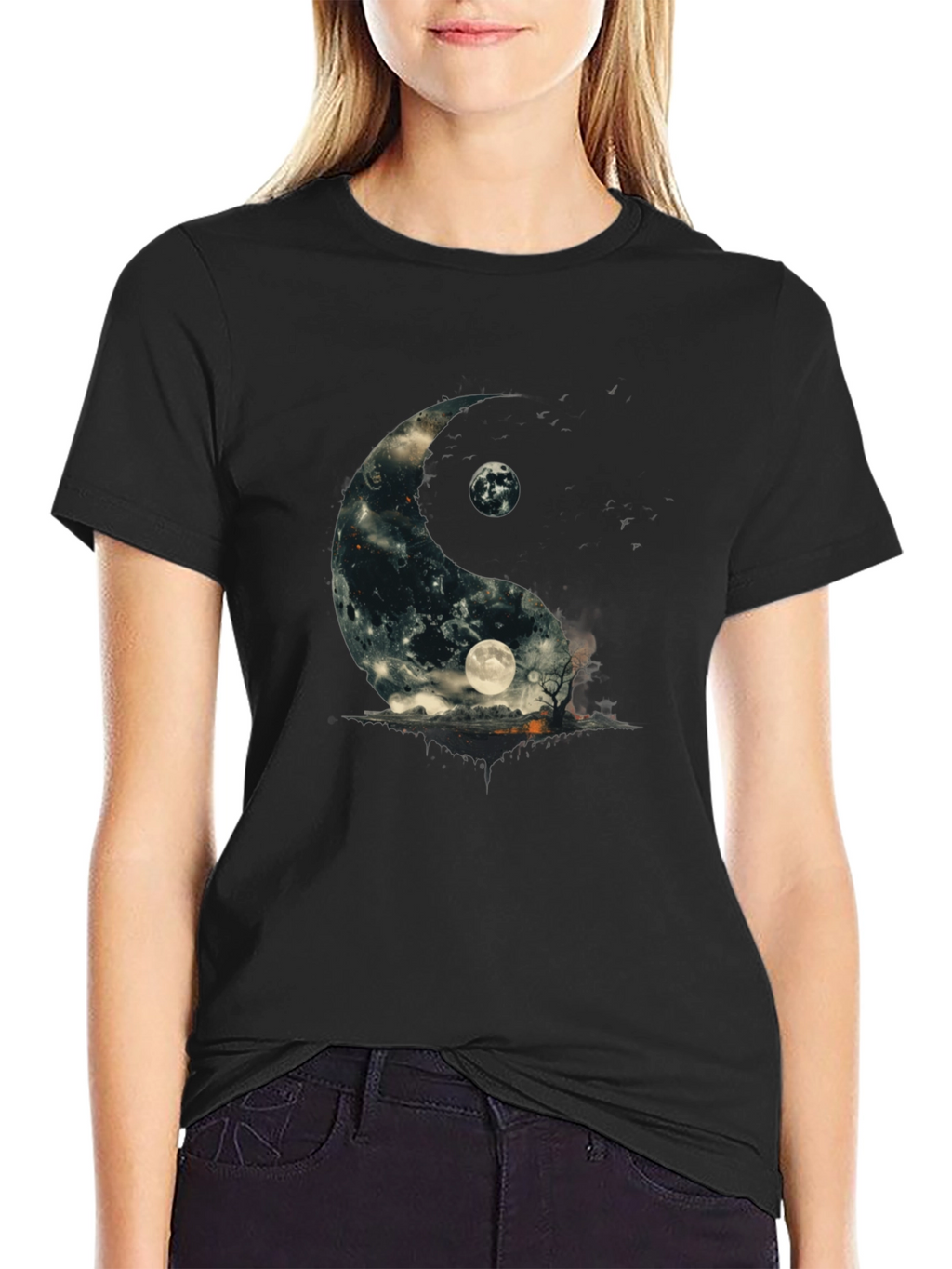 Yin Yang Moon Graphic T-Shirt - Black