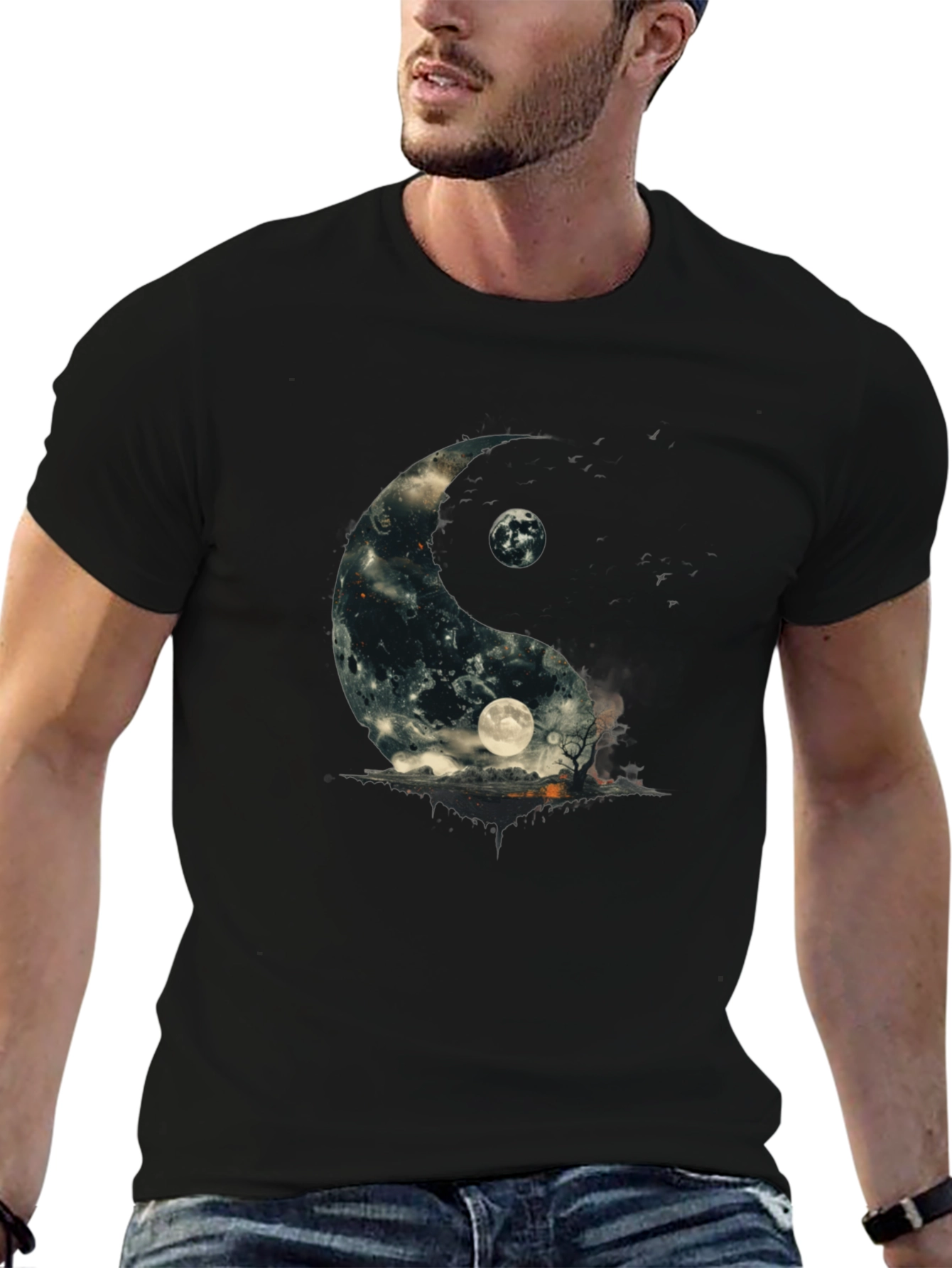 Yin Yang Moon Graphic T-Shirt - Black