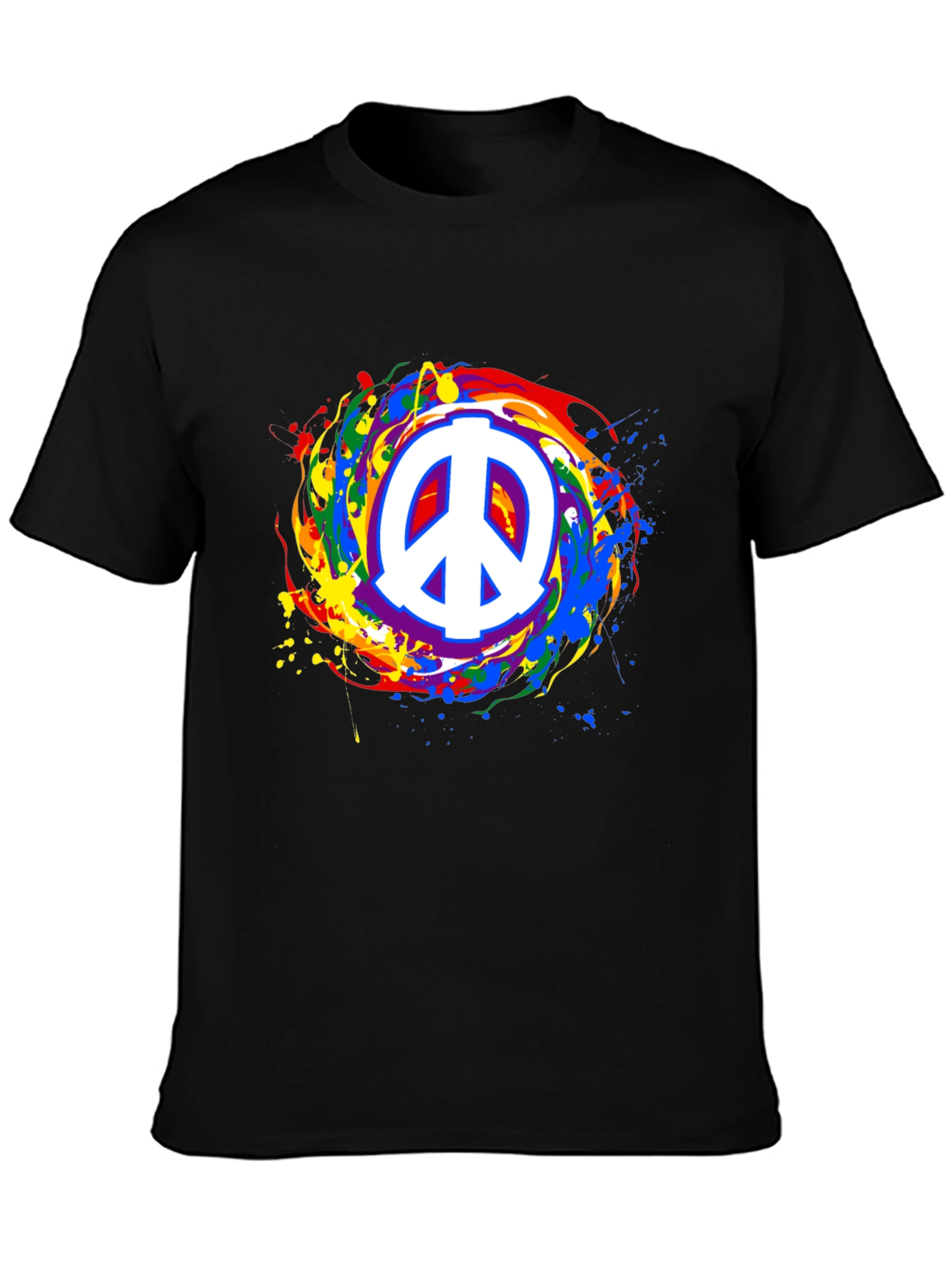 Peace Sign Rainbow Splatter Black T-Shirt
