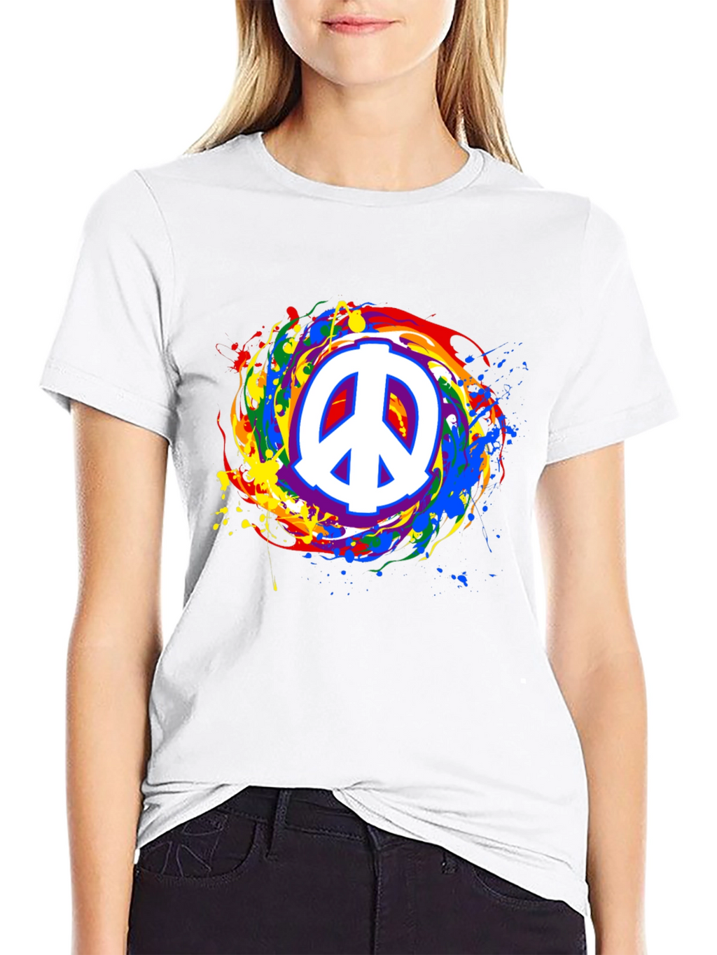 Peace Sign Rainbow Splatter Black T-Shirt