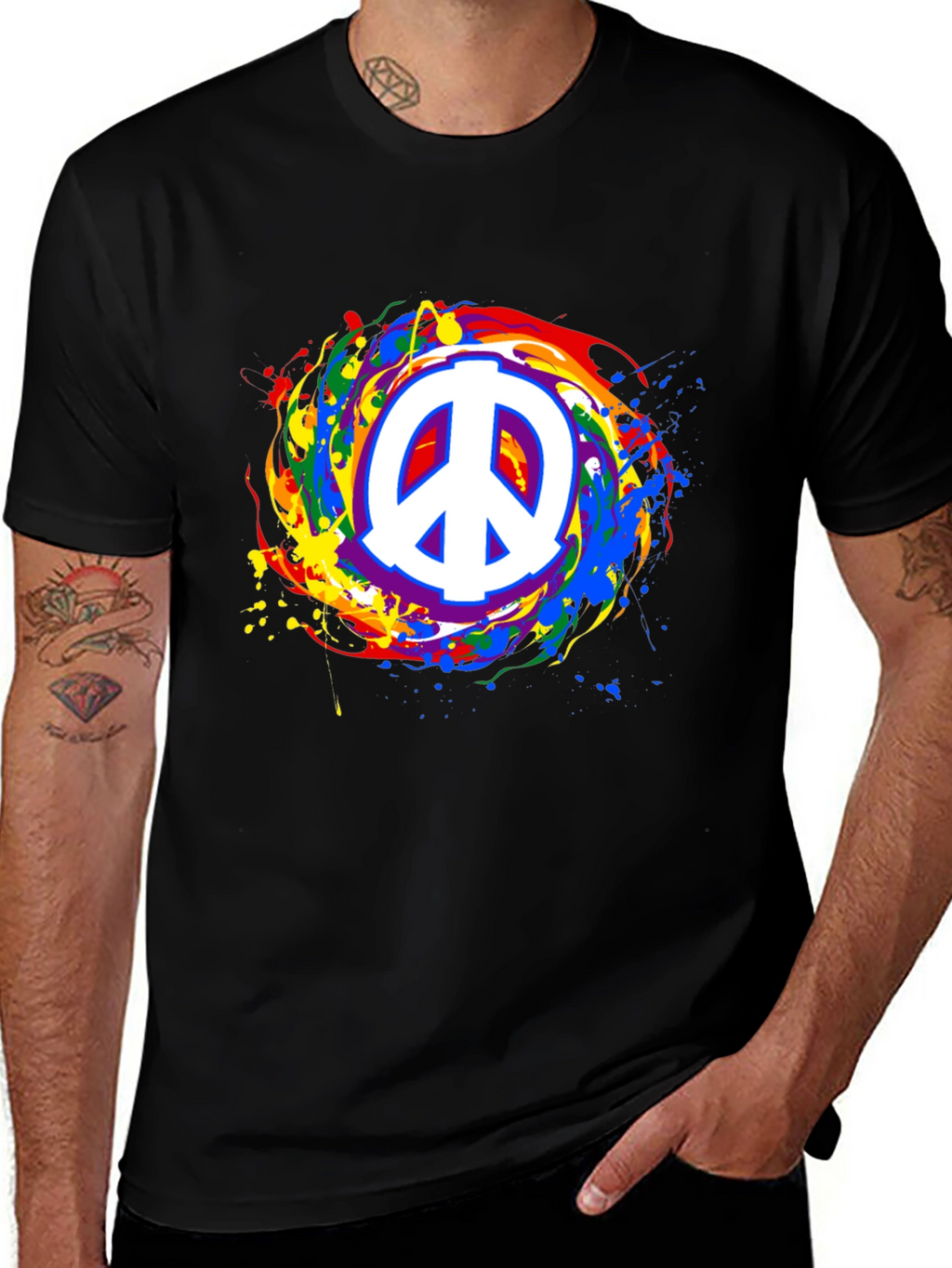 Peace Sign Rainbow Splatter Black T-Shirt