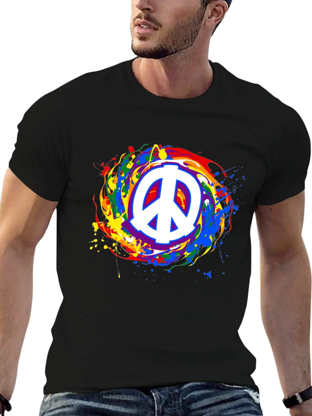 Peace Sign Rainbow Splatter Black T-Shirt