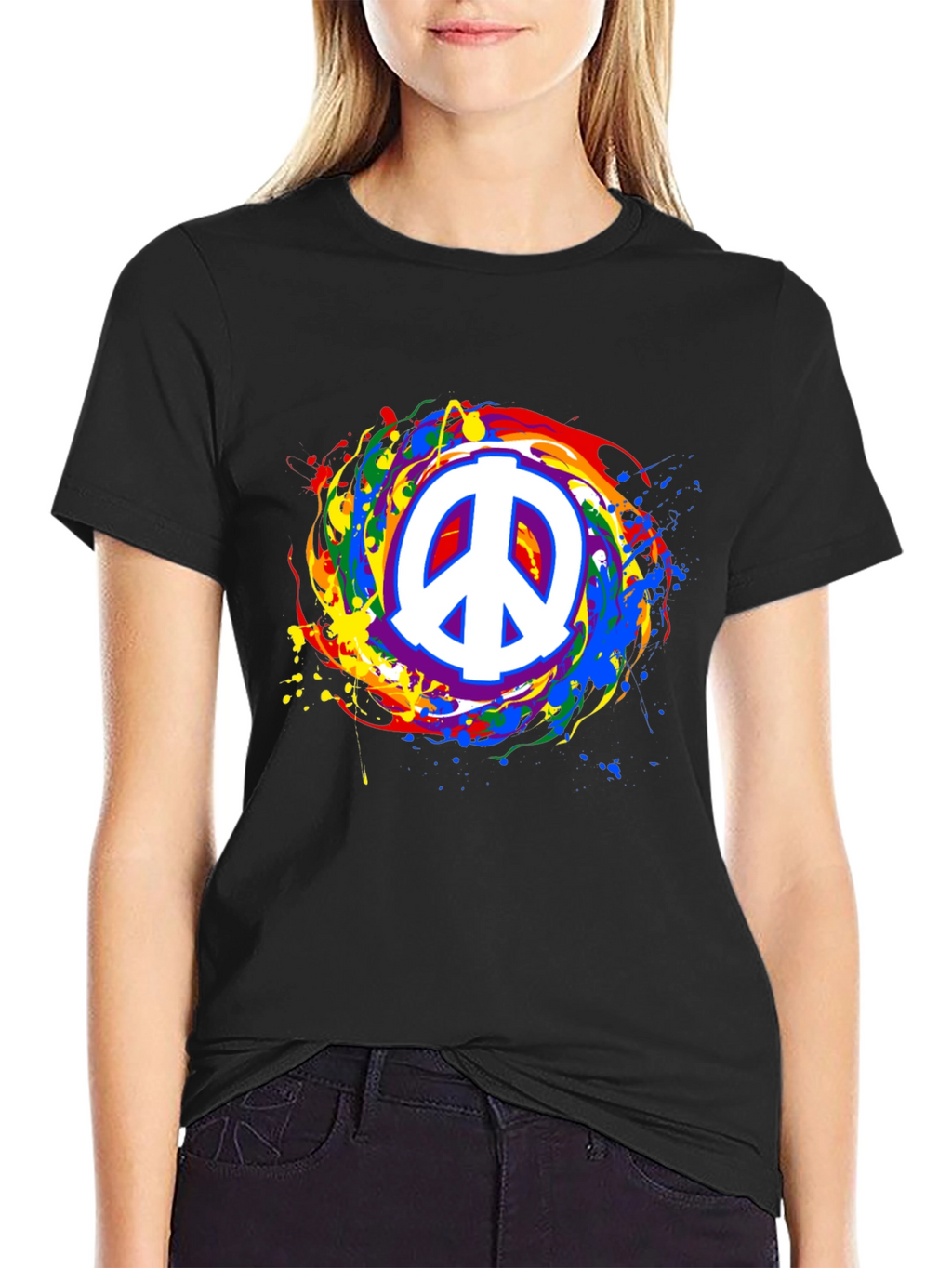 Peace Sign Rainbow Splatter Black T-Shirt