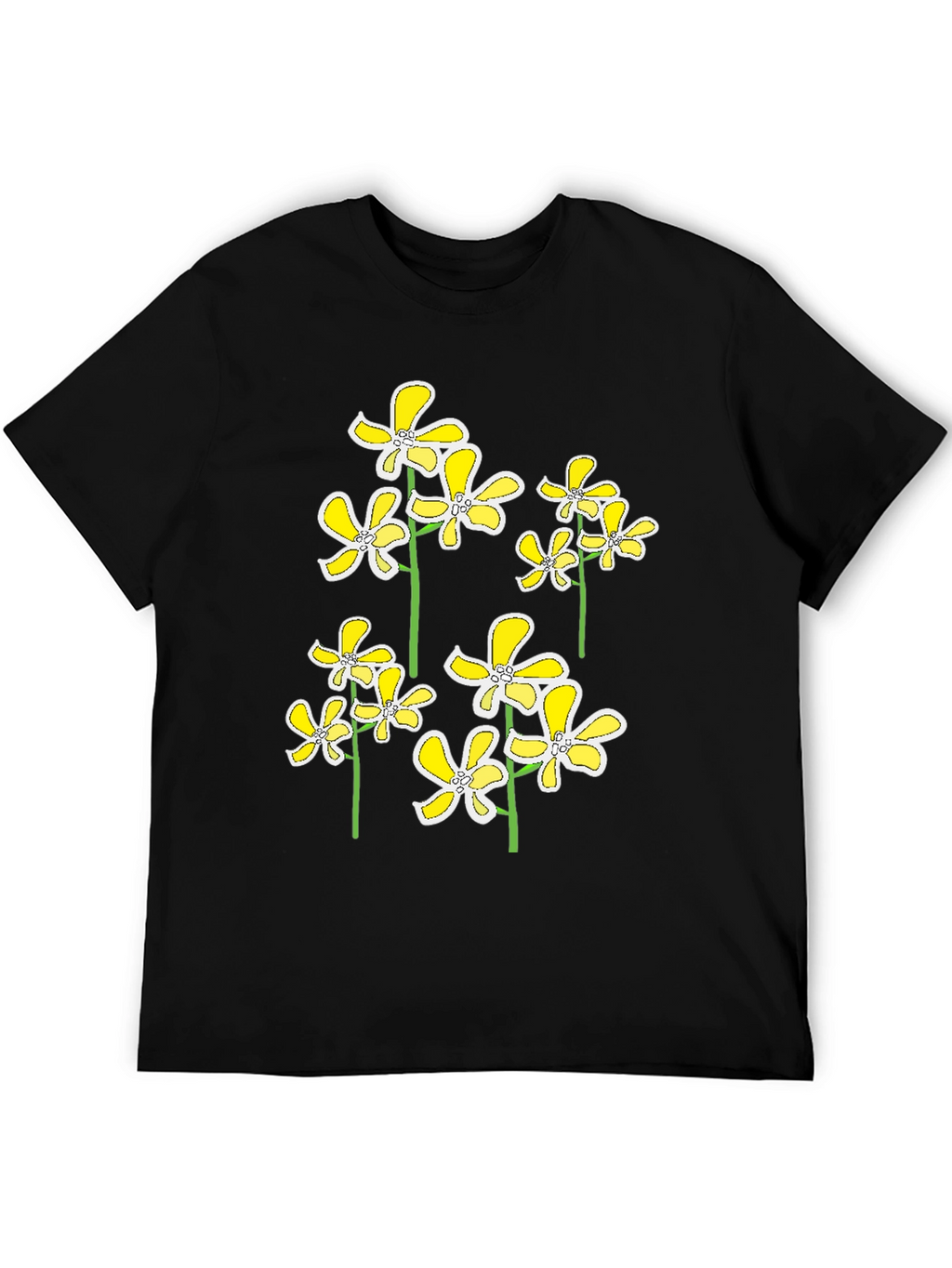 Floral Print Black T-Shirt - Yellow Flower Design