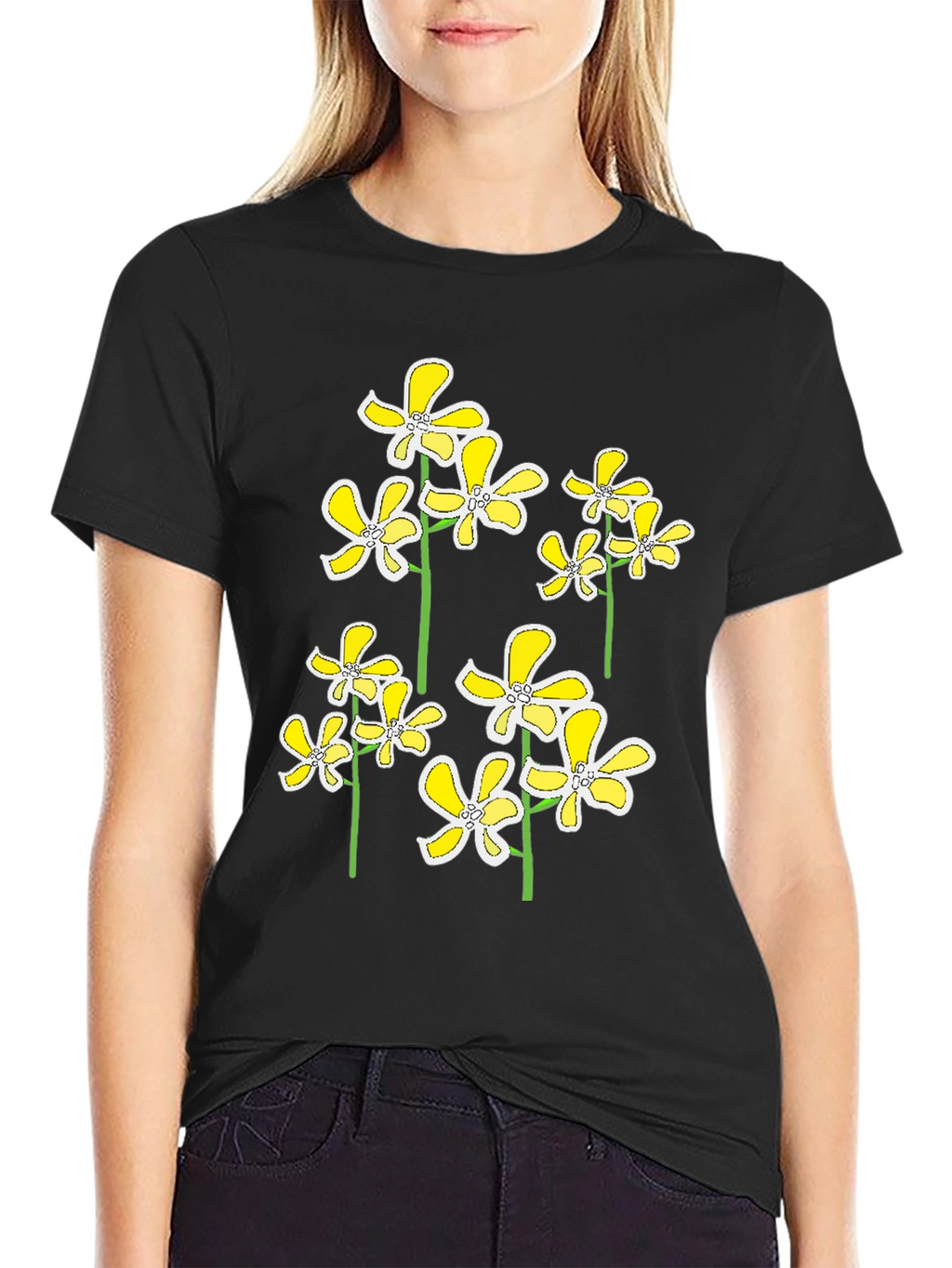 Floral Print Black T-Shirt - Yellow Flower Design