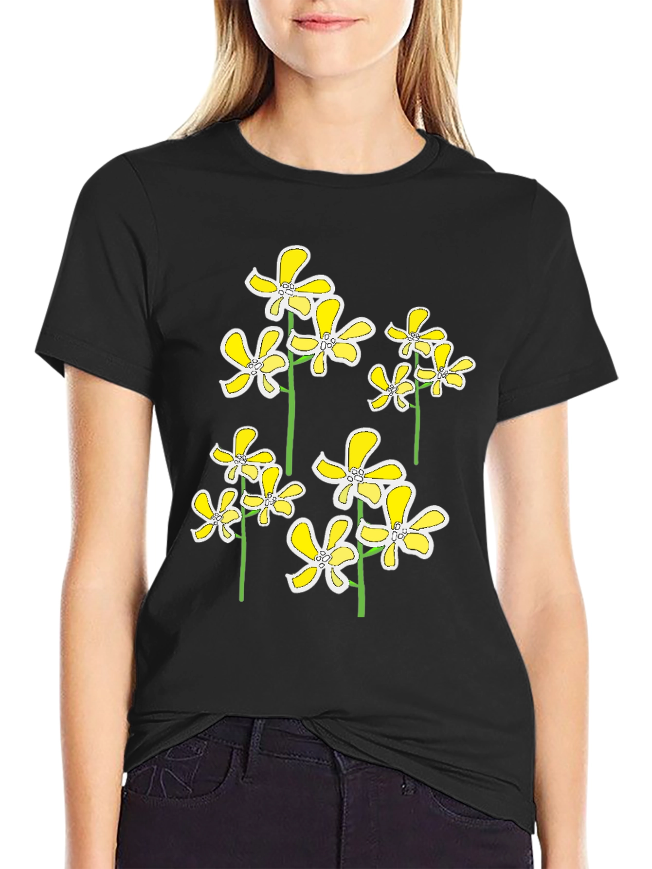 Floral Print Black T-Shirt - Yellow Flower Design