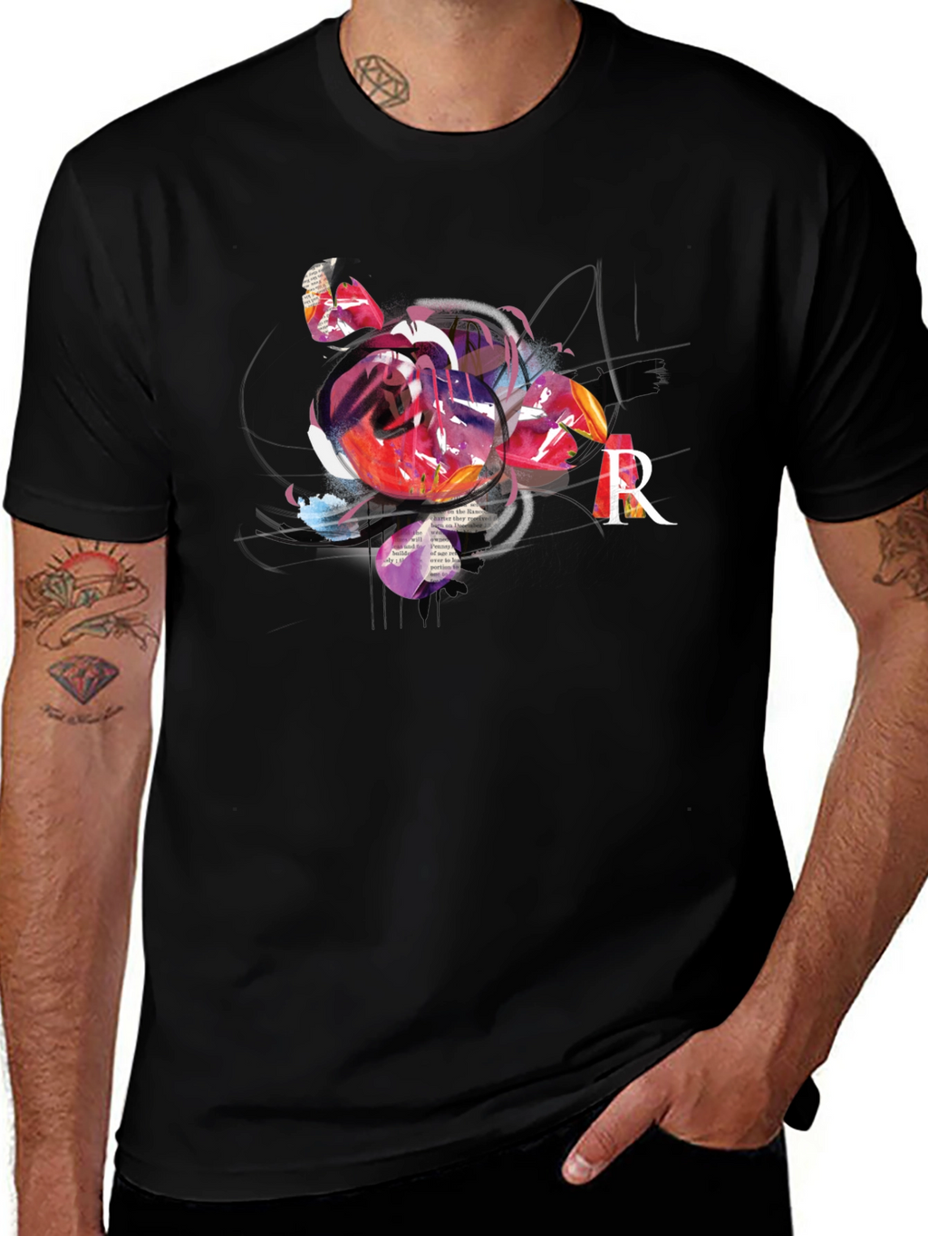 Abstract Rose & R Letter Black Graphic Tee