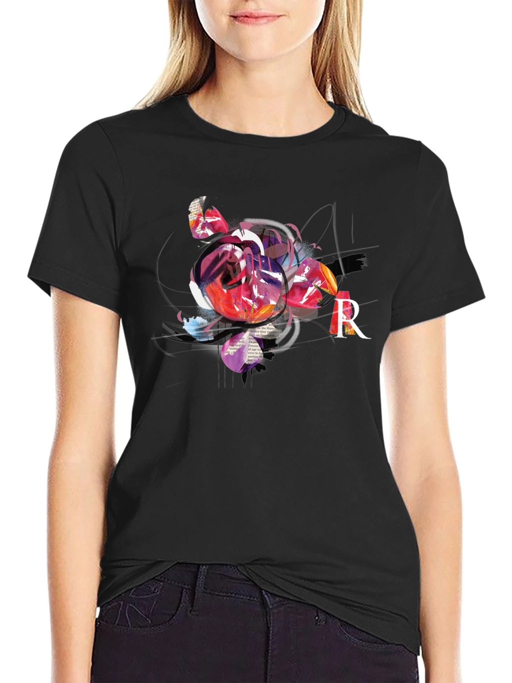 Abstract Rose & R Letter Black Graphic Tee