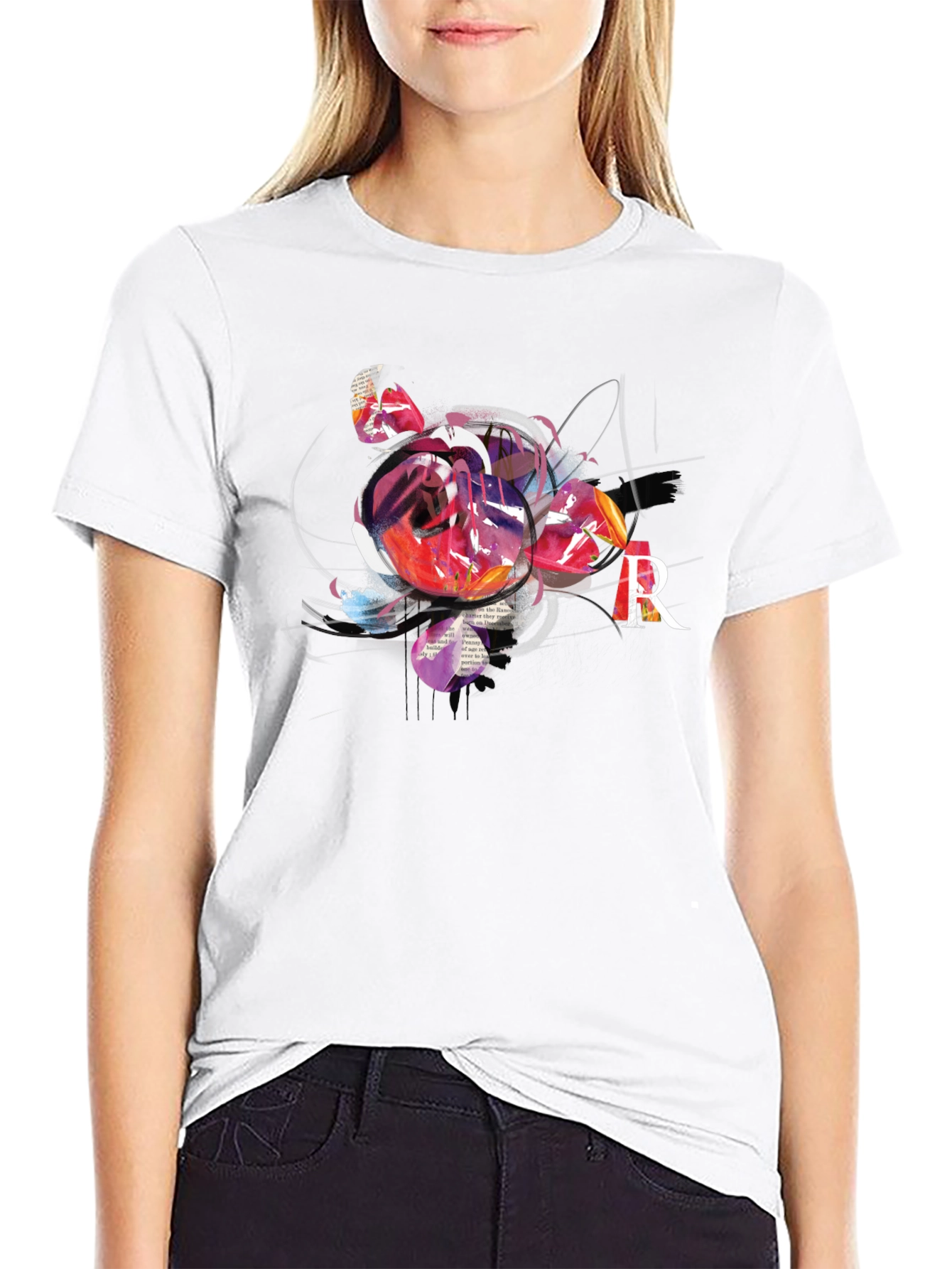 Abstract Rose & R Letter Black Graphic Tee