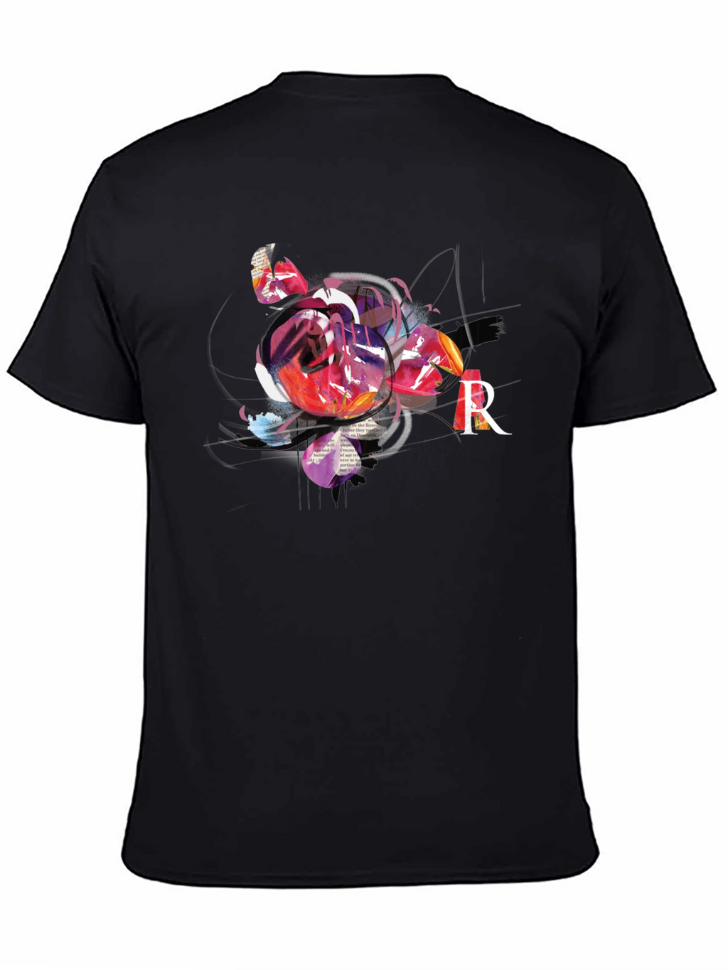 Abstract Rose & R Letter Black Graphic Tee
