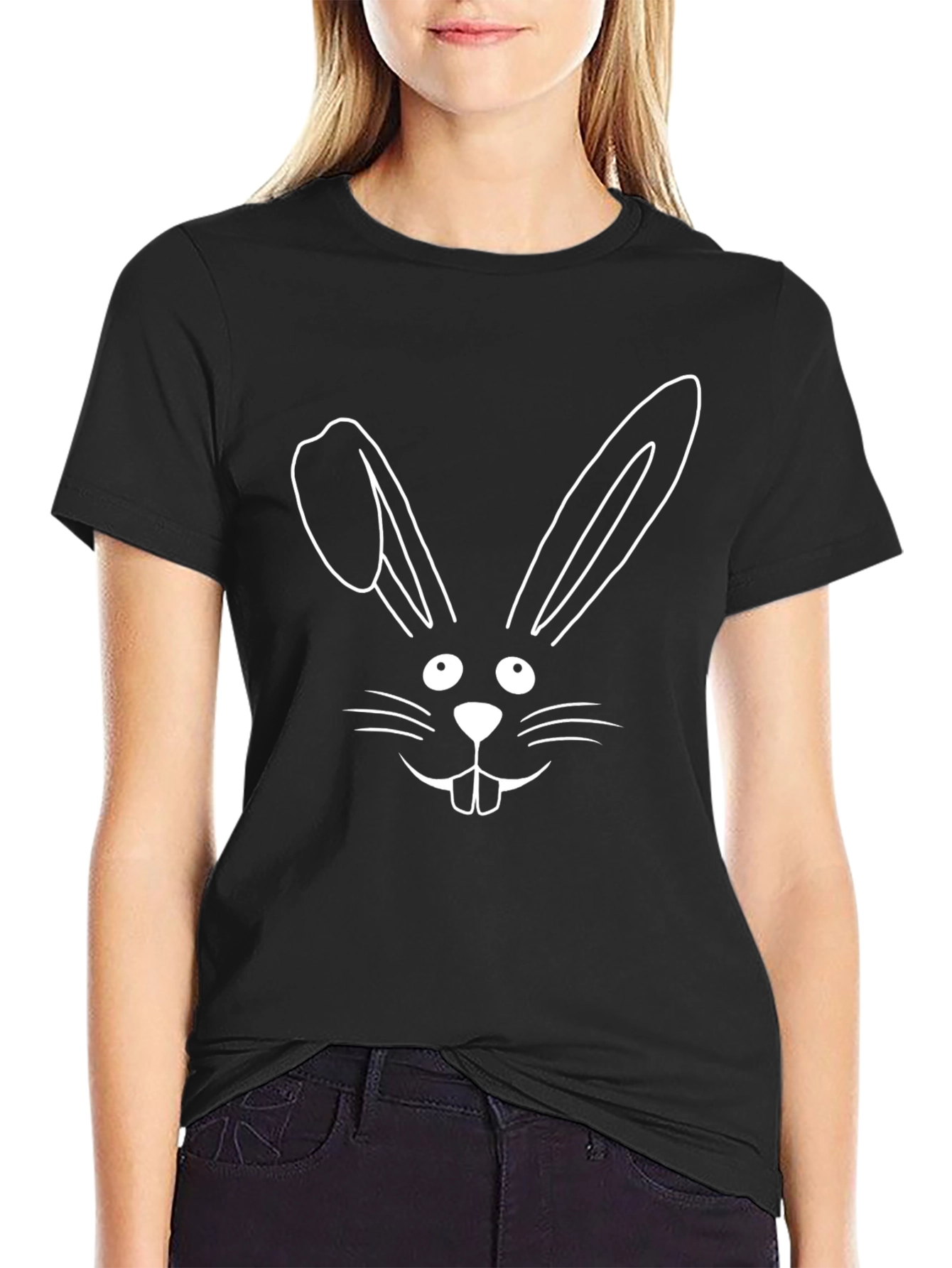Bunny Face Graphic Tee - Black Cotton T-Shirt