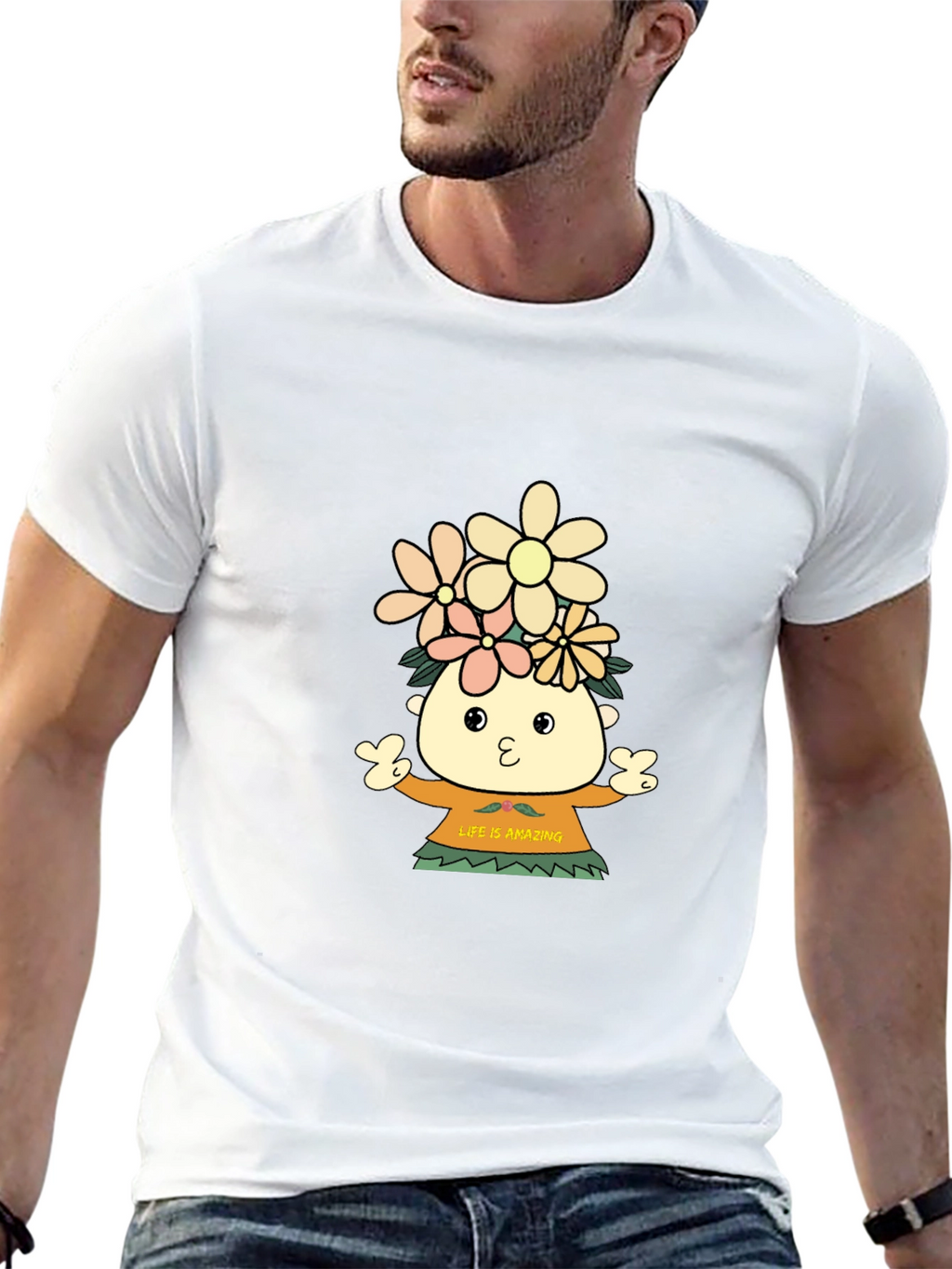 Black T-Shirt with Cartoon Flower Child Design