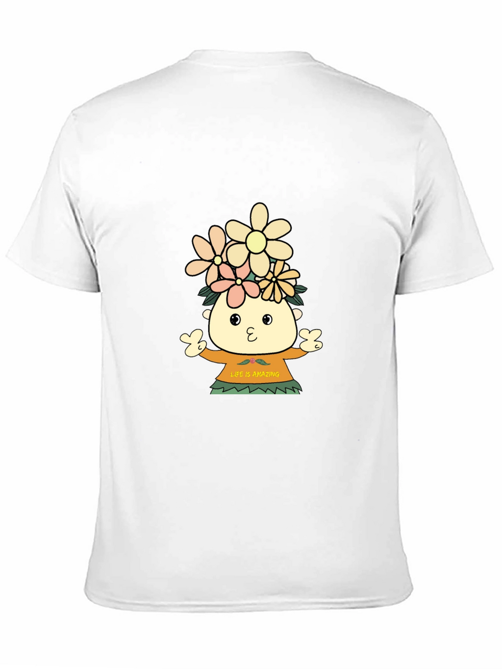 Black T-Shirt with Cartoon Flower Child Design