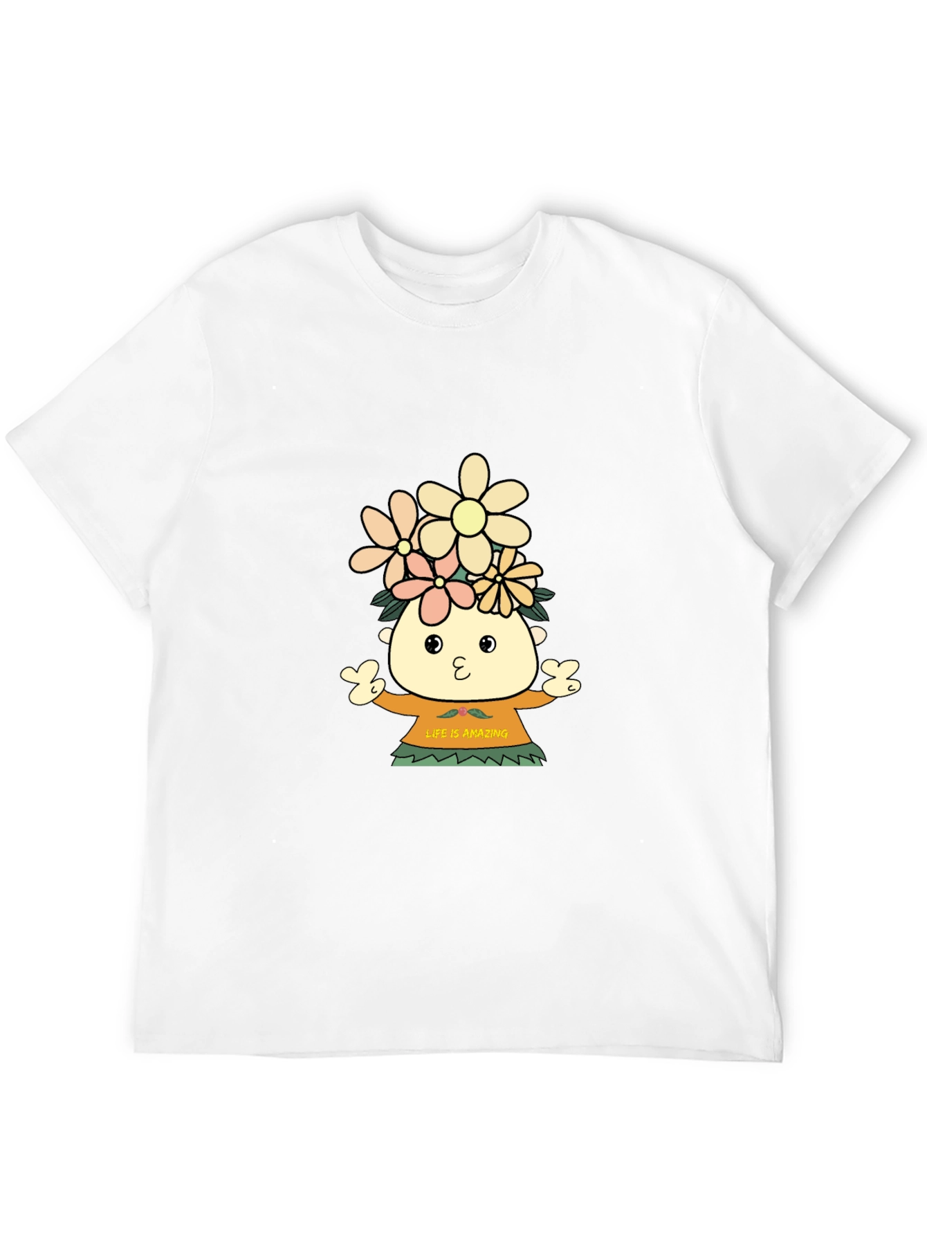 Black T-Shirt with Cartoon Flower Child Design