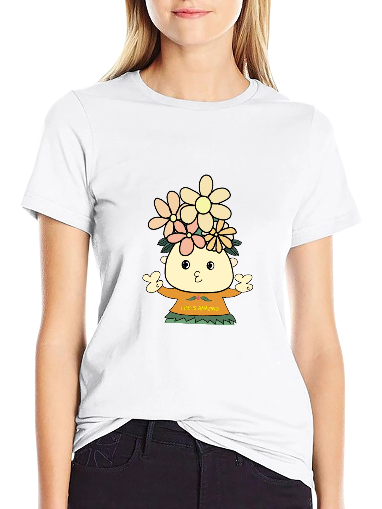 Black T-Shirt with Cartoon Flower Child Design