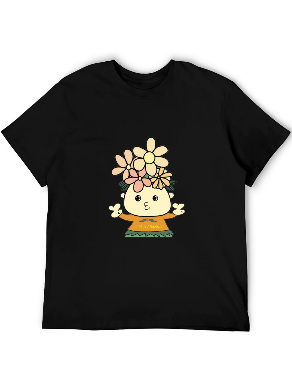 Black T-Shirt with Cartoon Flower Child Design