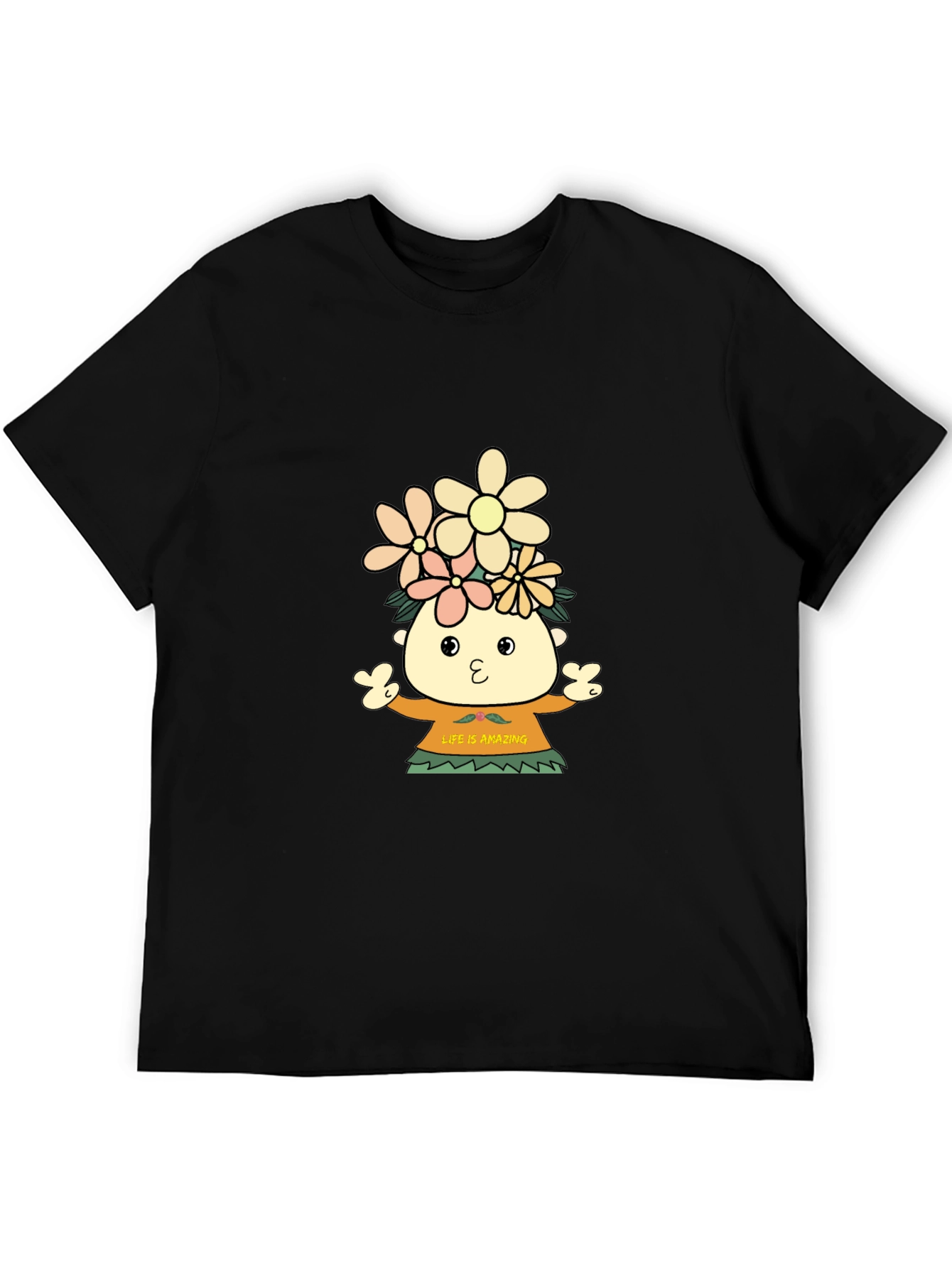 Black T-Shirt with Cartoon Flower Child Design