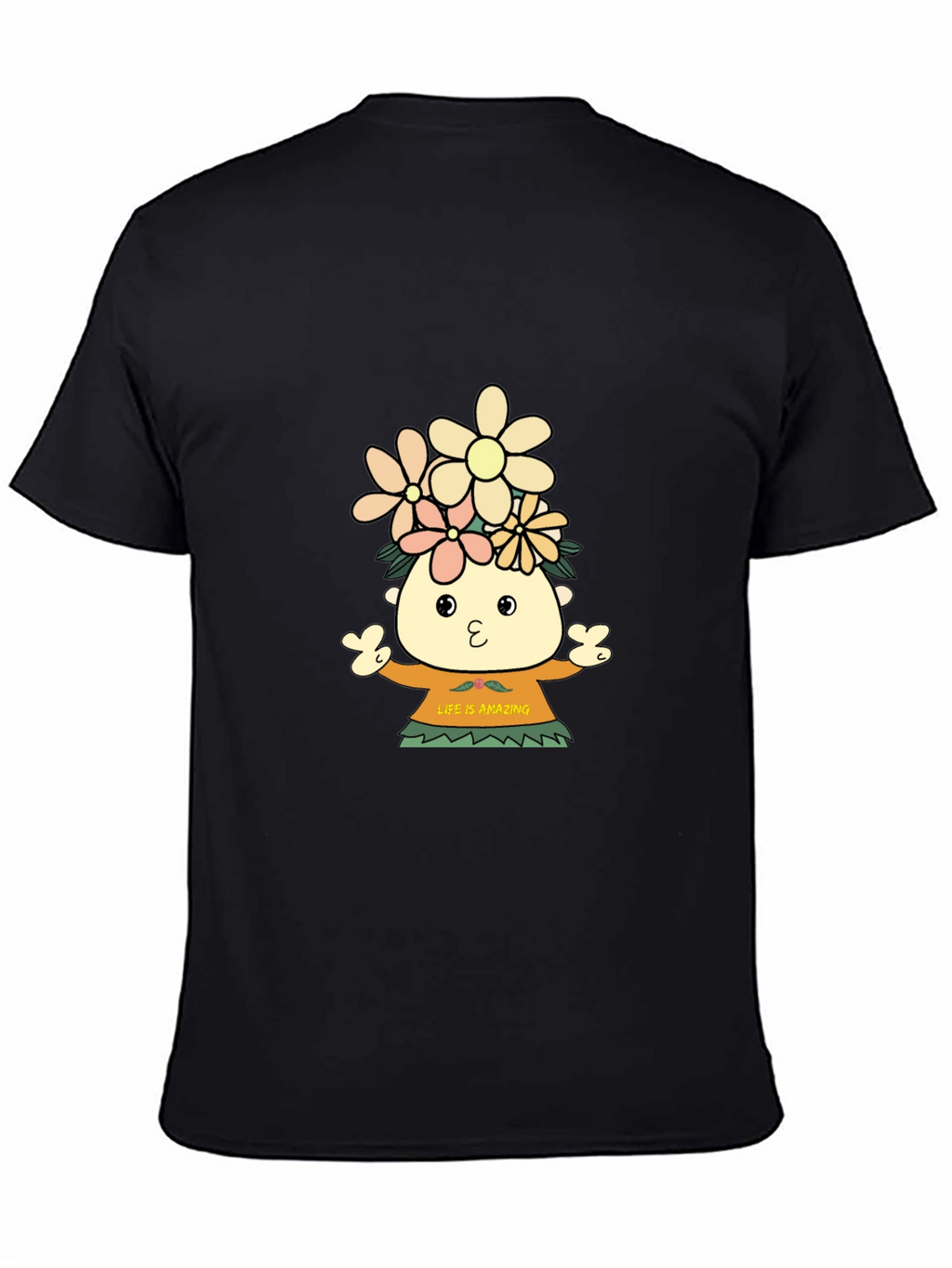 Black T-Shirt with Cartoon Flower Child Design