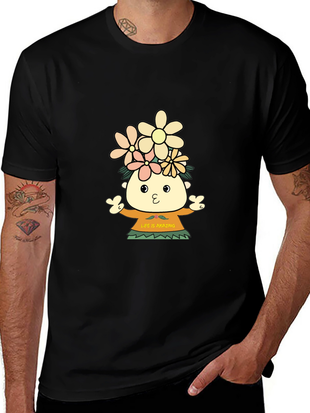 Black T-Shirt with Cartoon Flower Child Design