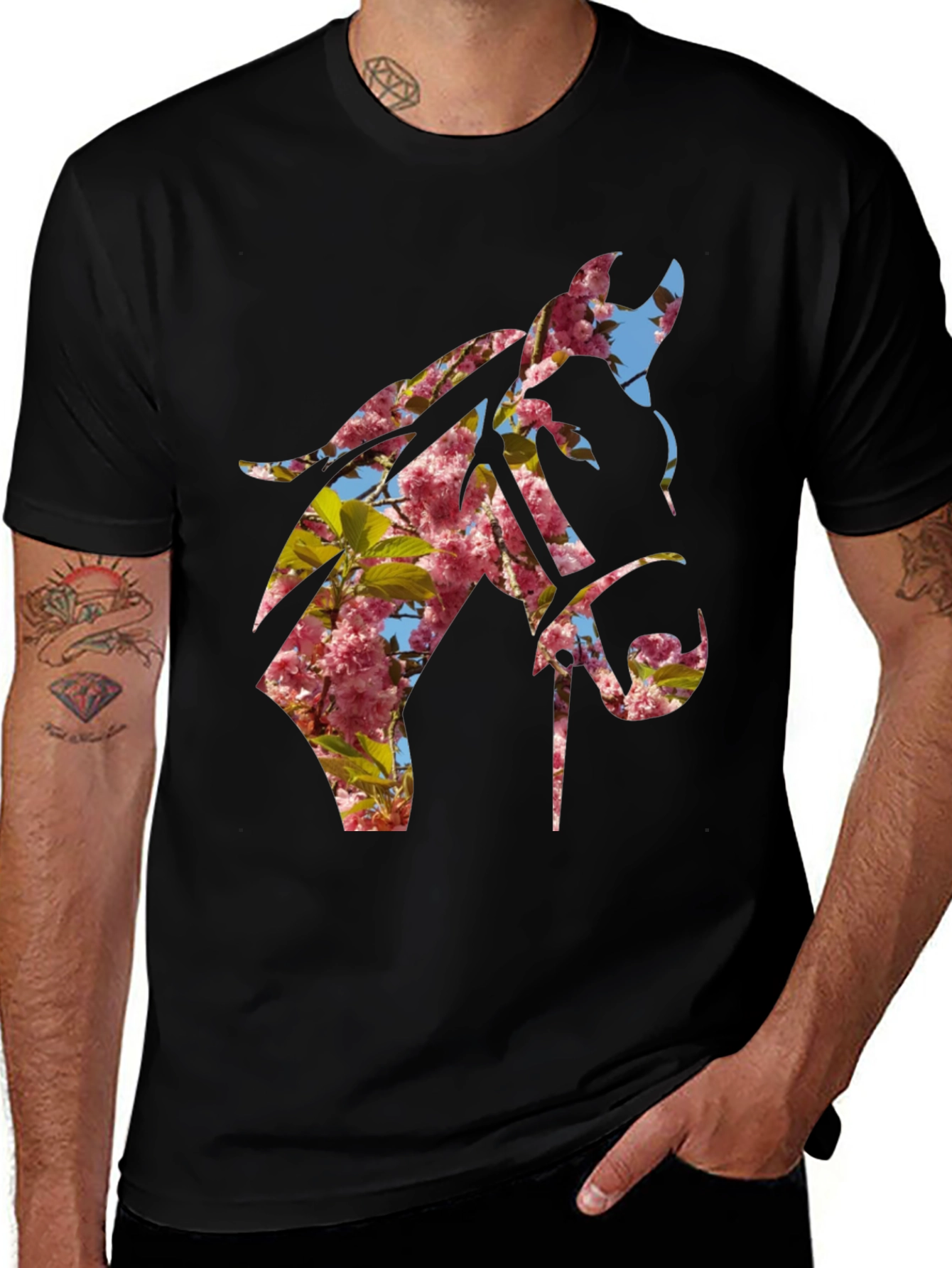 Floral Horse Silhouette Black T-Shirt - Nature Inspired Design