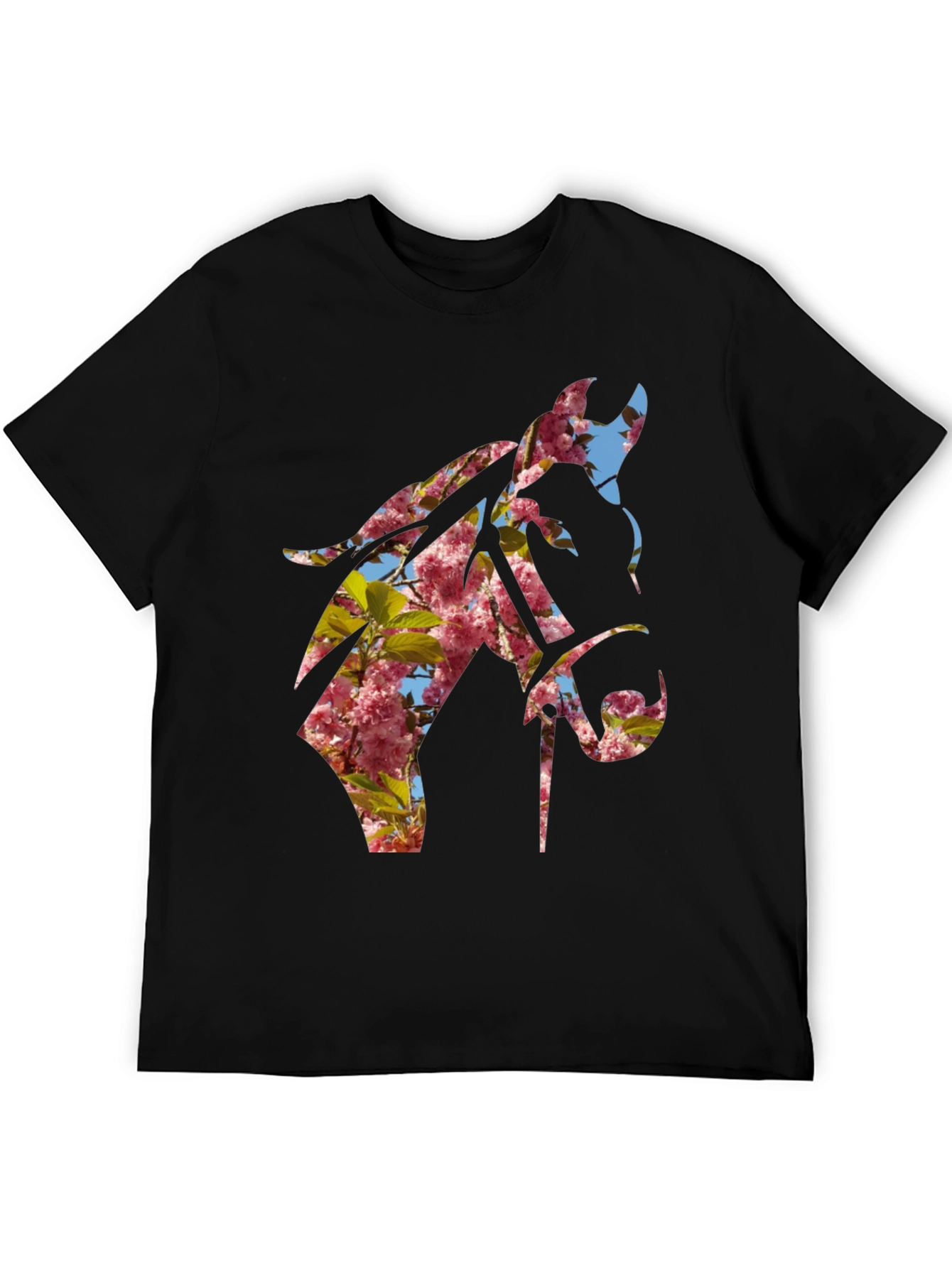 Floral Horse Silhouette Black T-Shirt - Nature Inspired Design