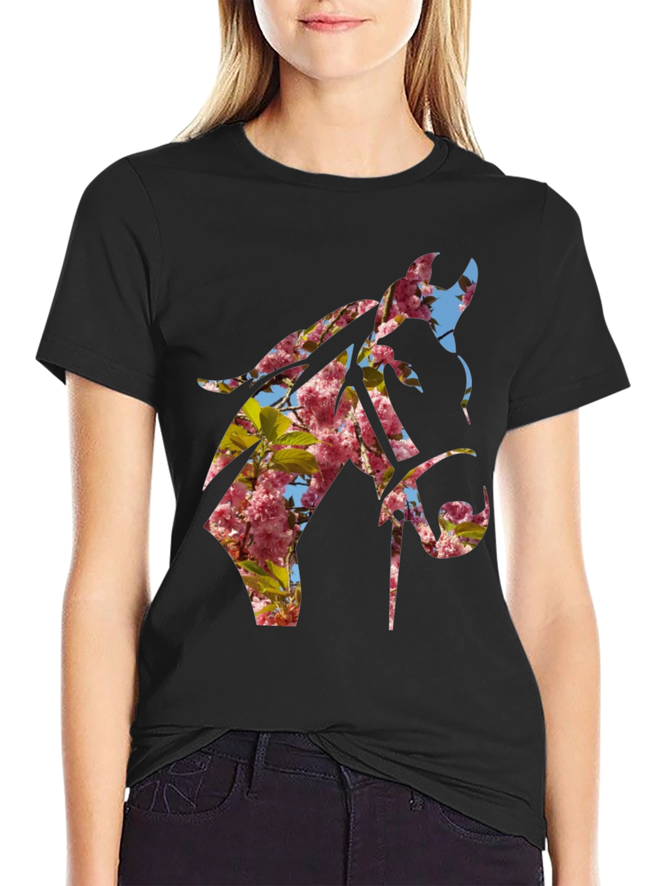 Floral Horse Silhouette Black T-Shirt - Nature Inspired Design