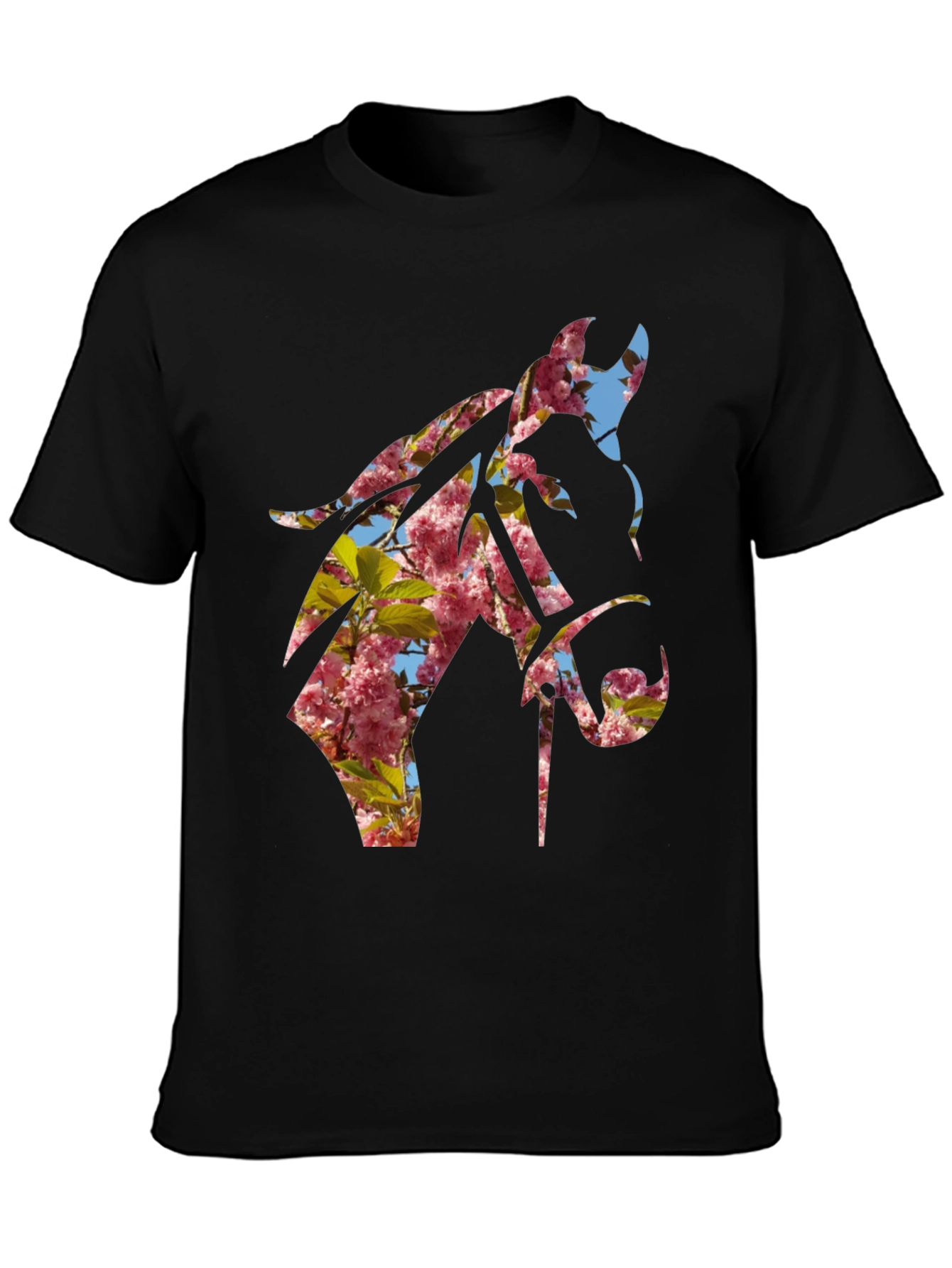 Floral Horse Silhouette Black T-Shirt - Nature Inspired Design
