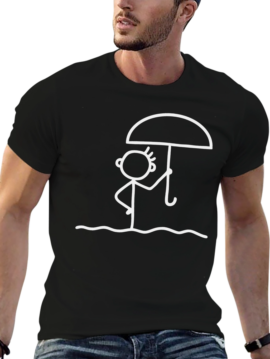 Stick Figure Umbrella T-Shirt - Black Casual Tee