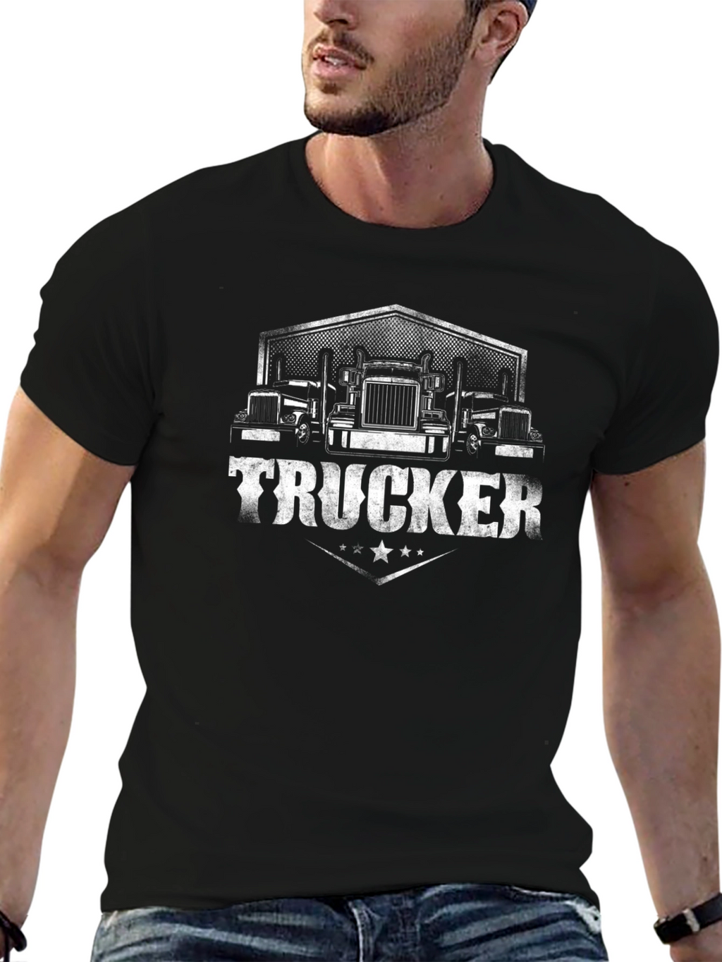 Trucker T-Shirt - Black Cotton Blend Graphic Print