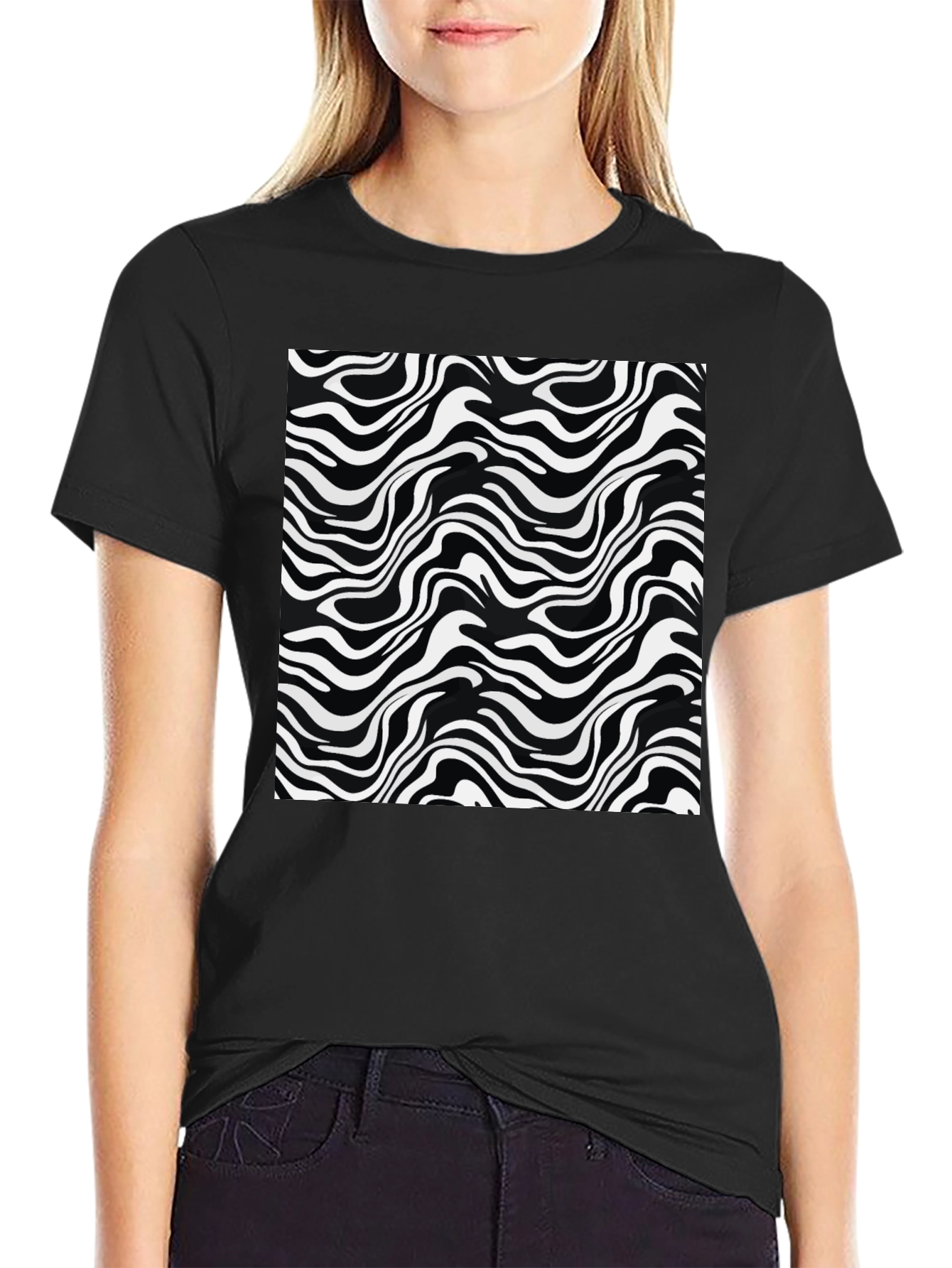Abstract Wave Print Black T-Shirt