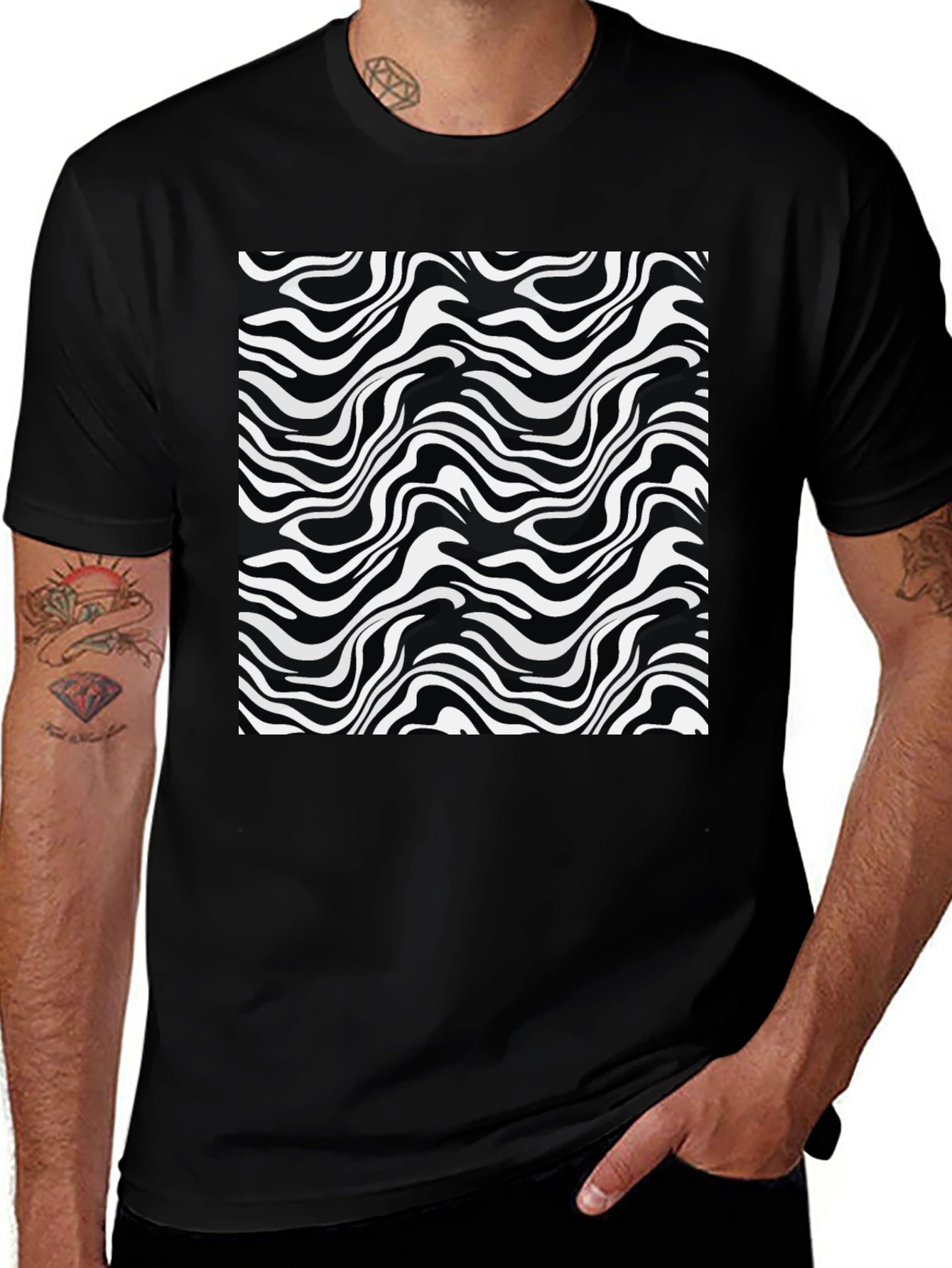 Abstract Wave Print Black T-Shirt