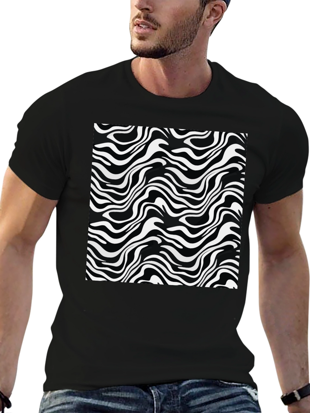 Abstract Wave Print Black T-Shirt