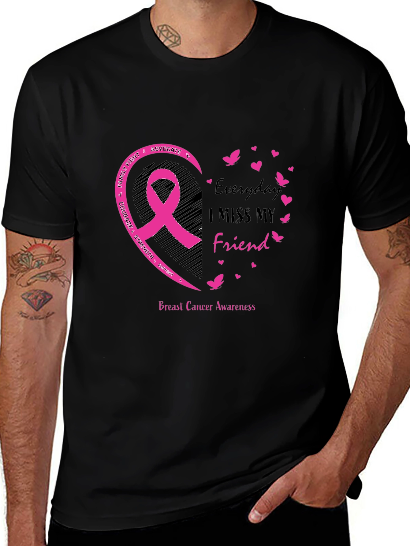 Breast Cancer Awareness Ribbon Everyday I Miss My Friend Black T-Shirt