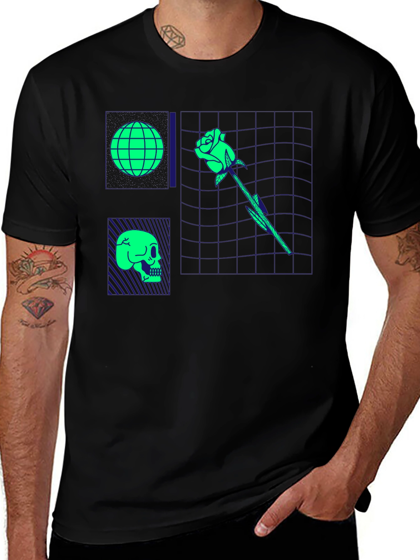 Retro Synthwave Graphic T-Shirt - Skull Rose Globe Design