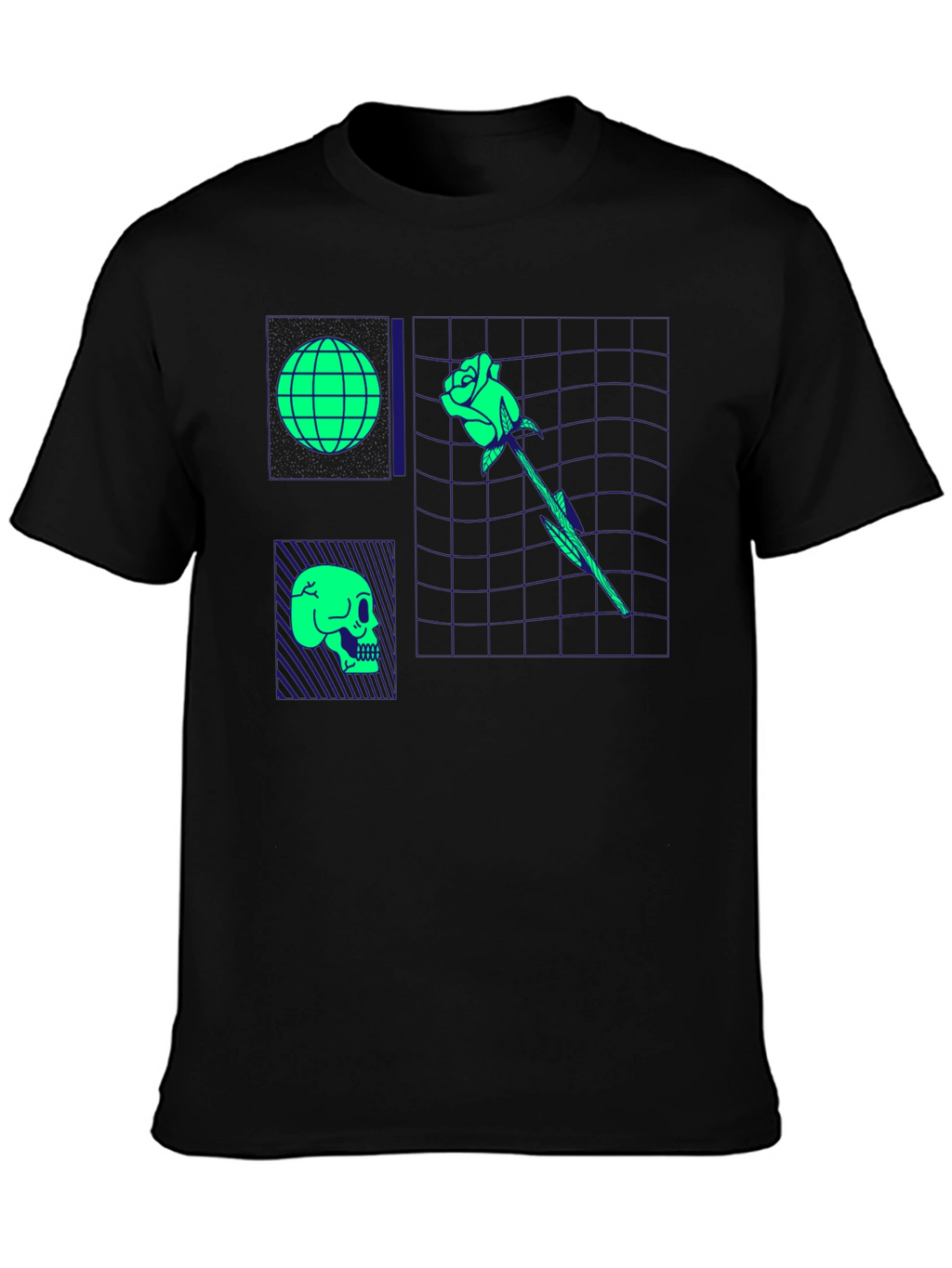 Retro Synthwave Graphic T-Shirt - Skull Rose Globe Design